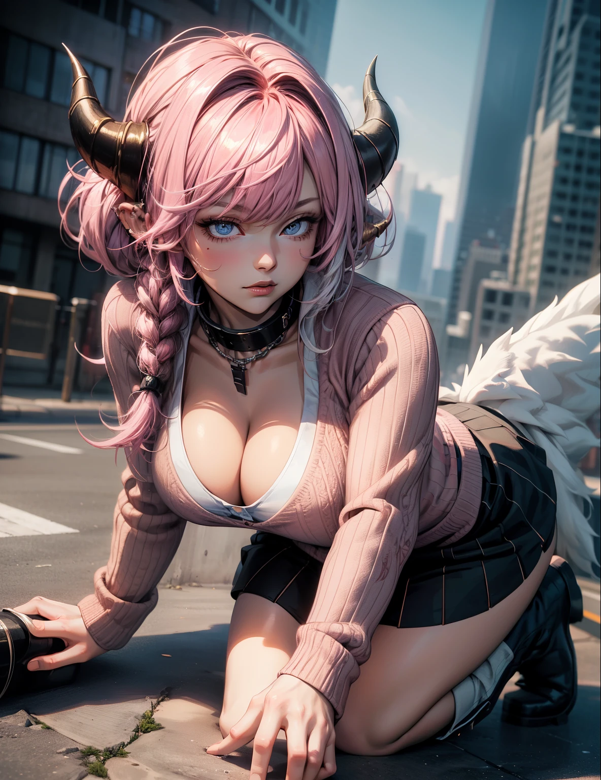 1girl, pink hair, trendy hairstyle, horns, hd quality, 4k, 8k, knitted cardigan, boots, fluffy hat, , kawaii, stepped on pov, below boot pov, huge breasts, cityscape, crouched, demoness