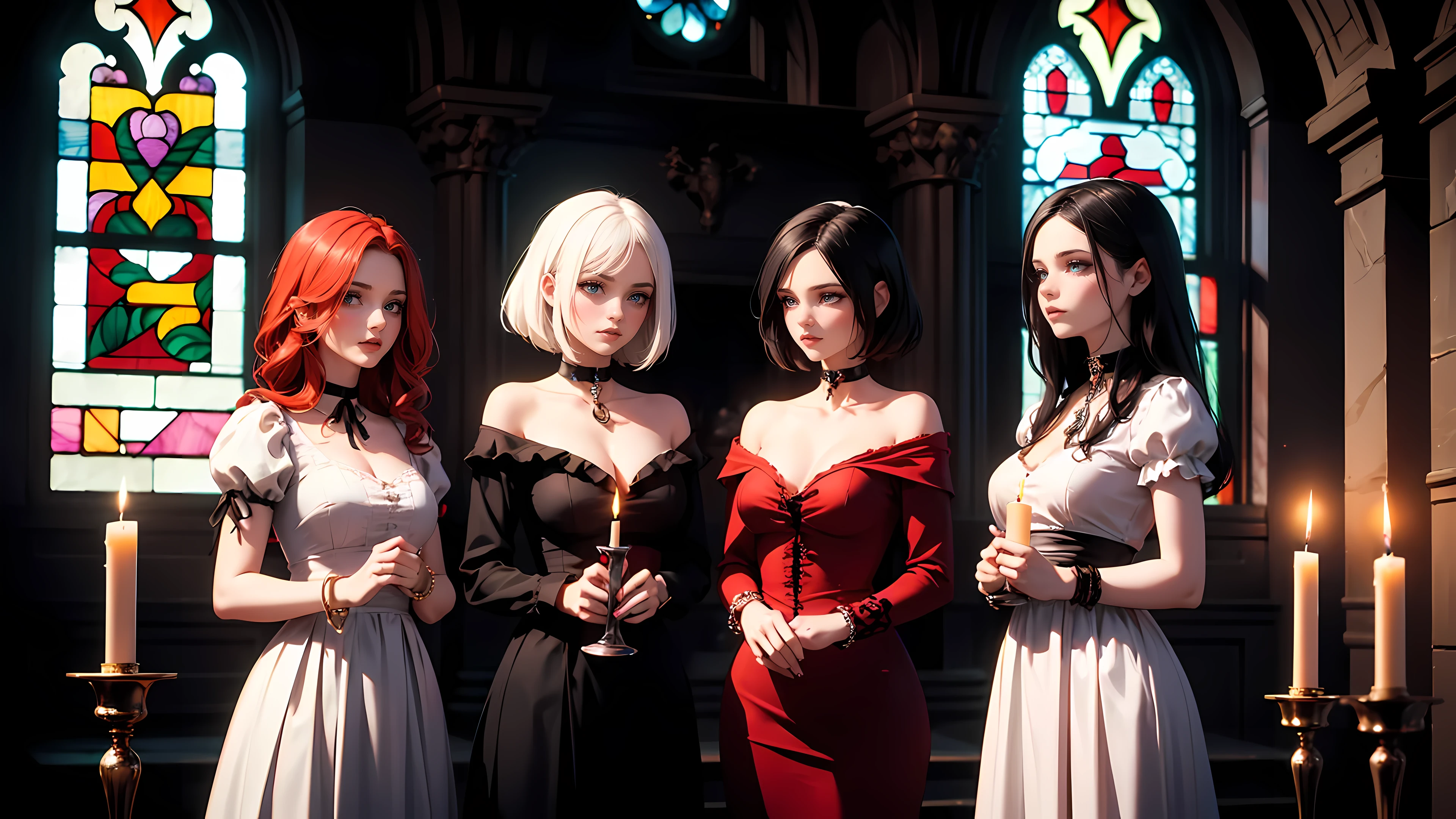 Three beautiful 21 year old girls, three witches, detailed beautiful hair, detailed beautiful eyes, small breasts, red hair, black hair, white hair, choker collar, bracelets, red dresses, standing, gothic mansion, Victorian mansion, gothic stained glass window, candles, candlelight, dramatic lighting, cinematic lighting, 