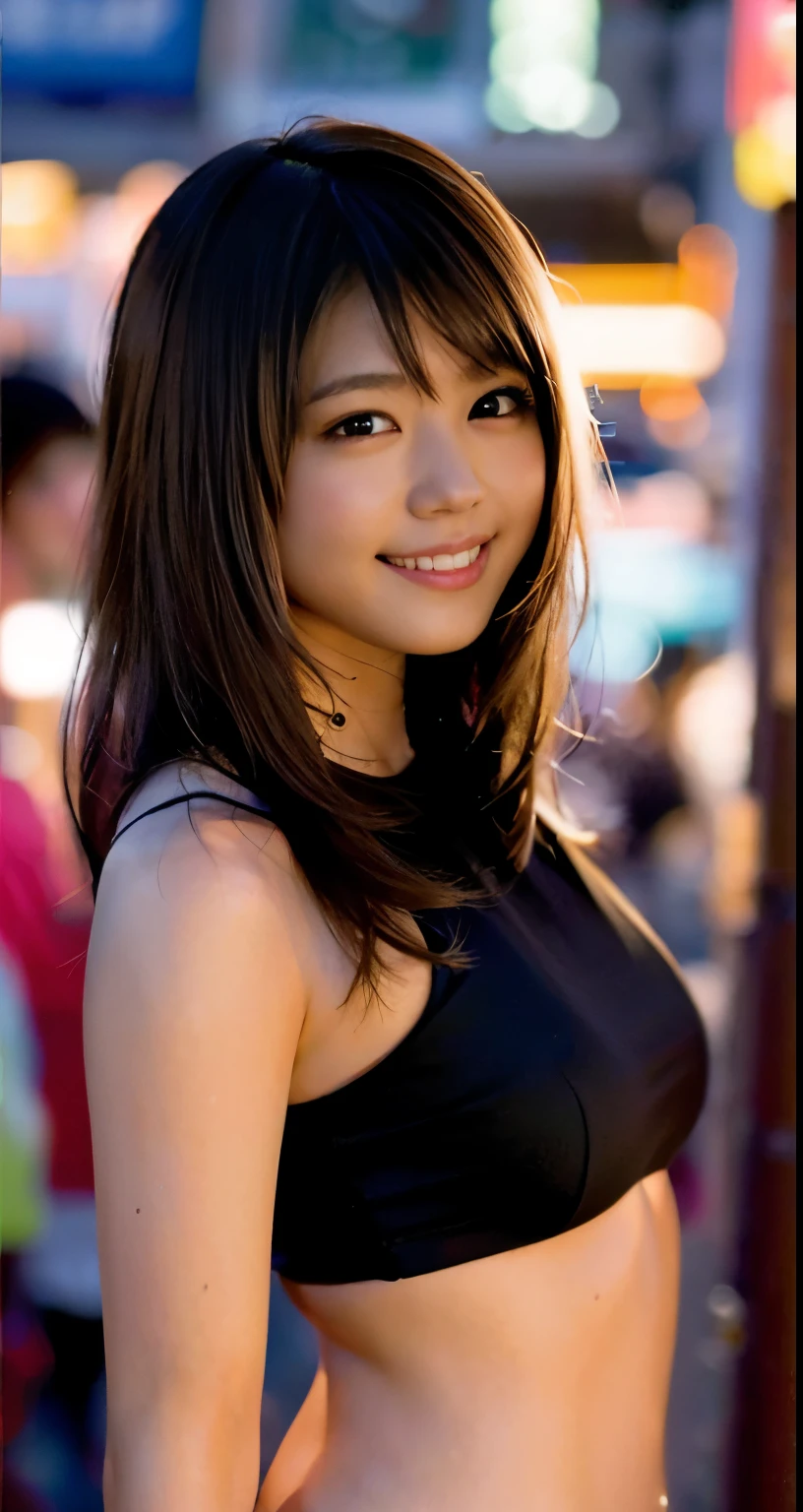 8k, masterpiece, RAW photo, best quality, photorealistic, extremely detailed CG unity 8k wallpaper, Depth of field, Cinematic Light, Lens Flare, Ray tracing, (extremely beautiful face, beautiful lips, beautiful eyes), intricate detail face, ((ultra detailed skin)) 1girl, in the dark, deep shadow, pretty Japanese girl, sakuma mayu idol, 1 girl, (very slim slender fit-muscled body:1.3), ((looking at viewer)),(big smile:1.3), (fruity night market, dark night, (neon sign), (blurred background),