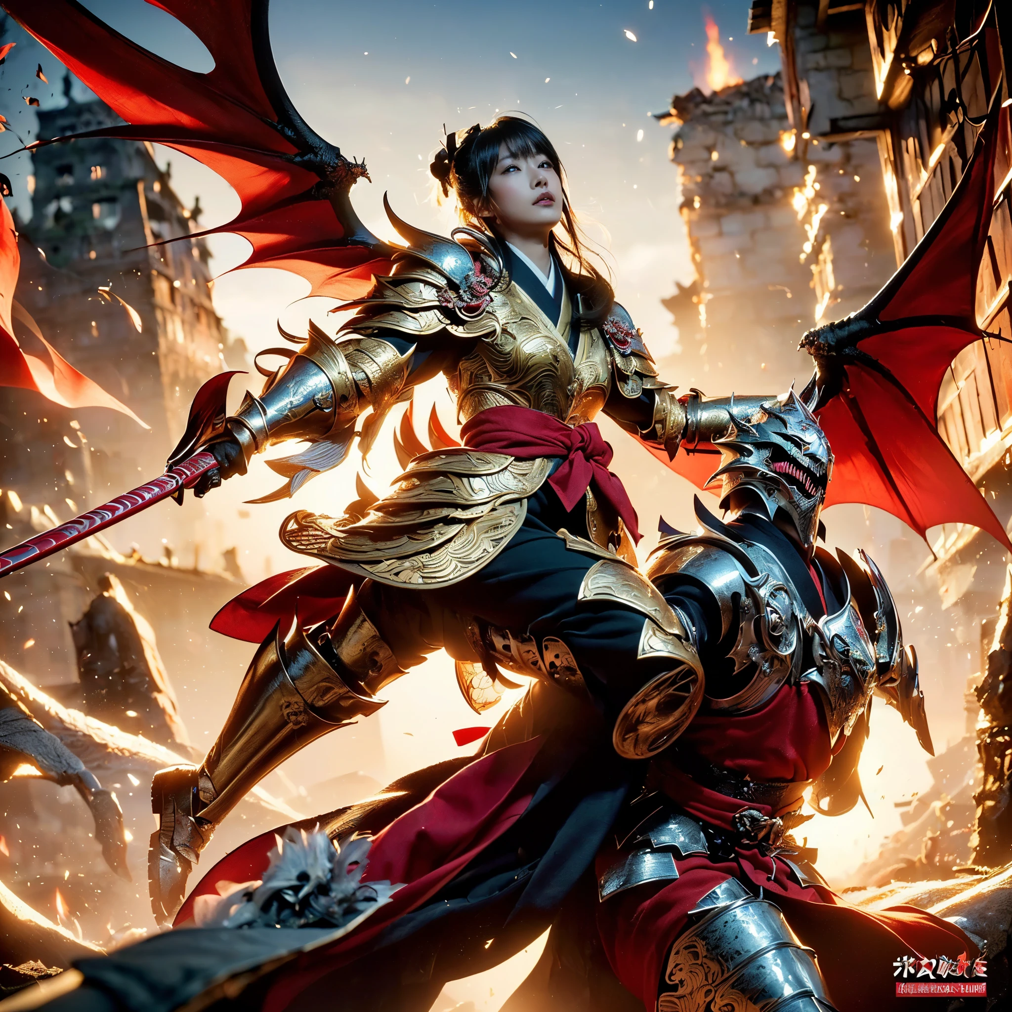 (((Realistic, masterpiece, best quality, crisp detail, high definition, high detail, very rich detail, sharp focus, sharp detail, colorful, perfect studio lightning))), ((20 years old goddess, kasumi arimura, flying, floating)),(((in the middle of war, epic war scene))), wearing (((beautiful decorated golden heavy armor, dragon armor, decorated full body armor, fully armored beautiful kimono, wide golden wings))), (flying, floating, attack stance, holding fantasy weapon, blood scattered face, blood tears, blood bath, blood shed), (((fire everywhere, blood everywhere, death everywhere, japan bakumatsu period, dead bodies,carcass,burned japanese castle,hellish,chaos)) traditional village background)