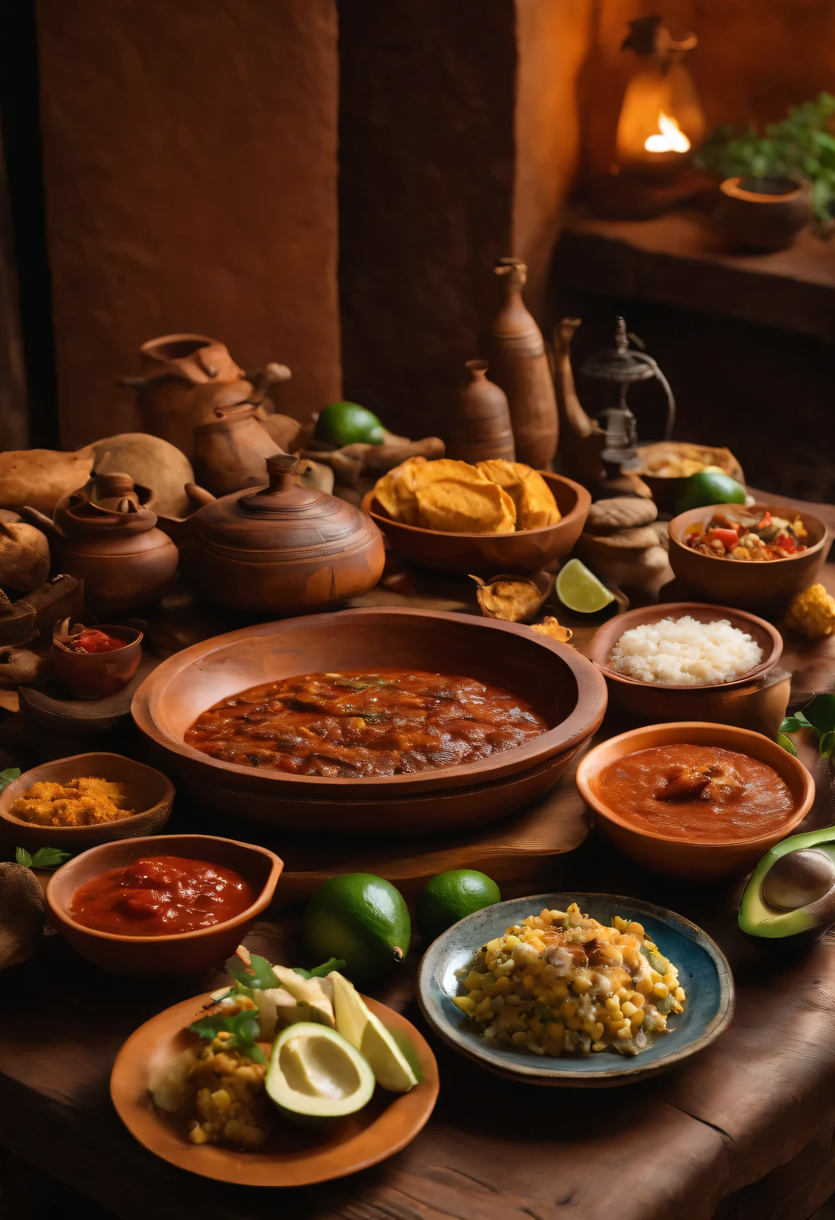 pre-Columbian era, a rustic wooden table, on the table you can see plates with Aztec-style food, made with corn, chili, tomato sauces and cocoa drinks, tortillas on a comal, a roast turkey, broths, avocado each on a different dish, rustic clay, Aztec style, no chairs and no cutlery
