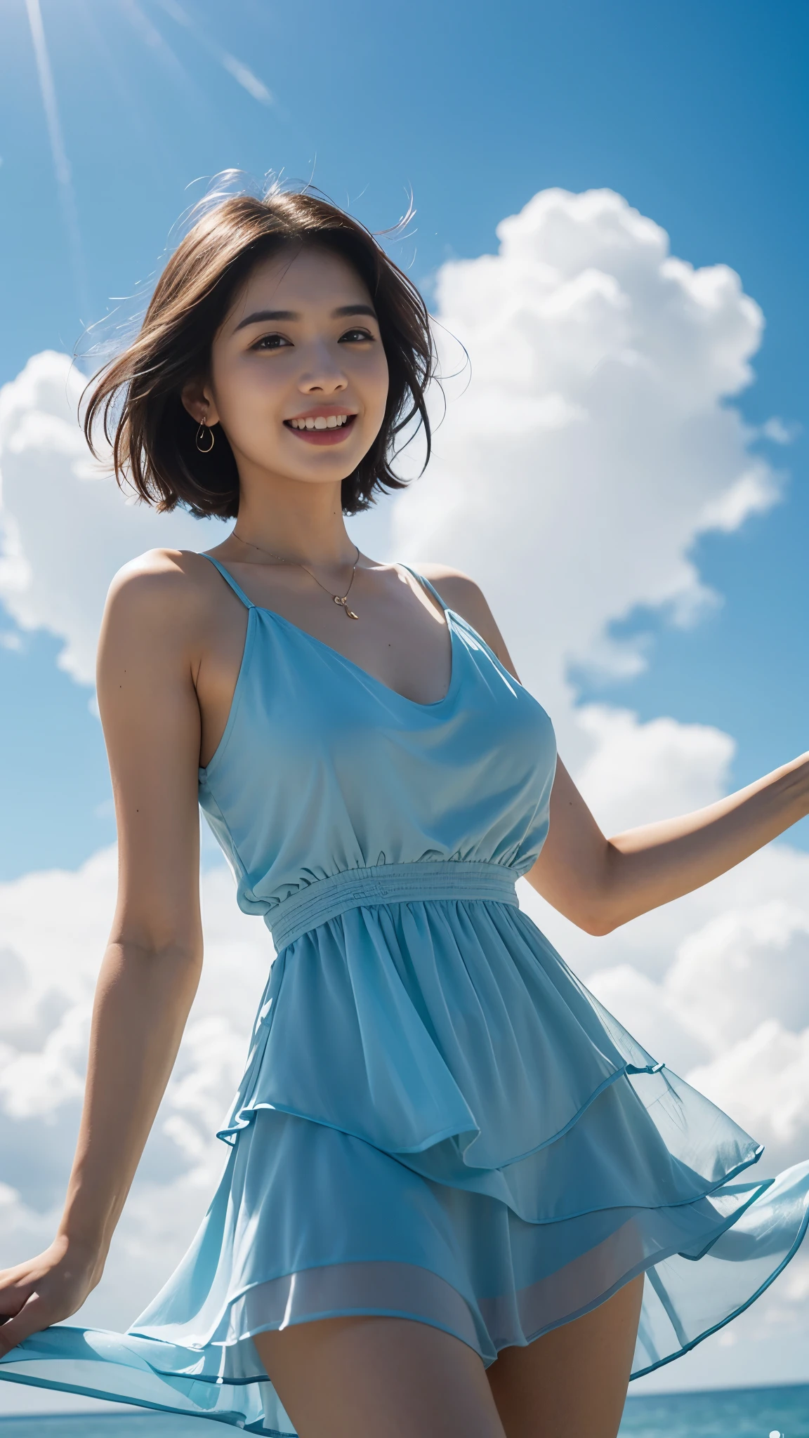 (Best quality at best,4K,8K,A high resolution,tmasterpiece:1.2),ultra - detailed,(actual,realisticlying,Photorealistic:1.37),CG,blue tint,Cute smiling ,Wearing a pink tulle dress,with short black hair,smile eyes,Holding colorful kites,Green lawn,with blue sky and white clouds,sunlighting,Happy,sun spots