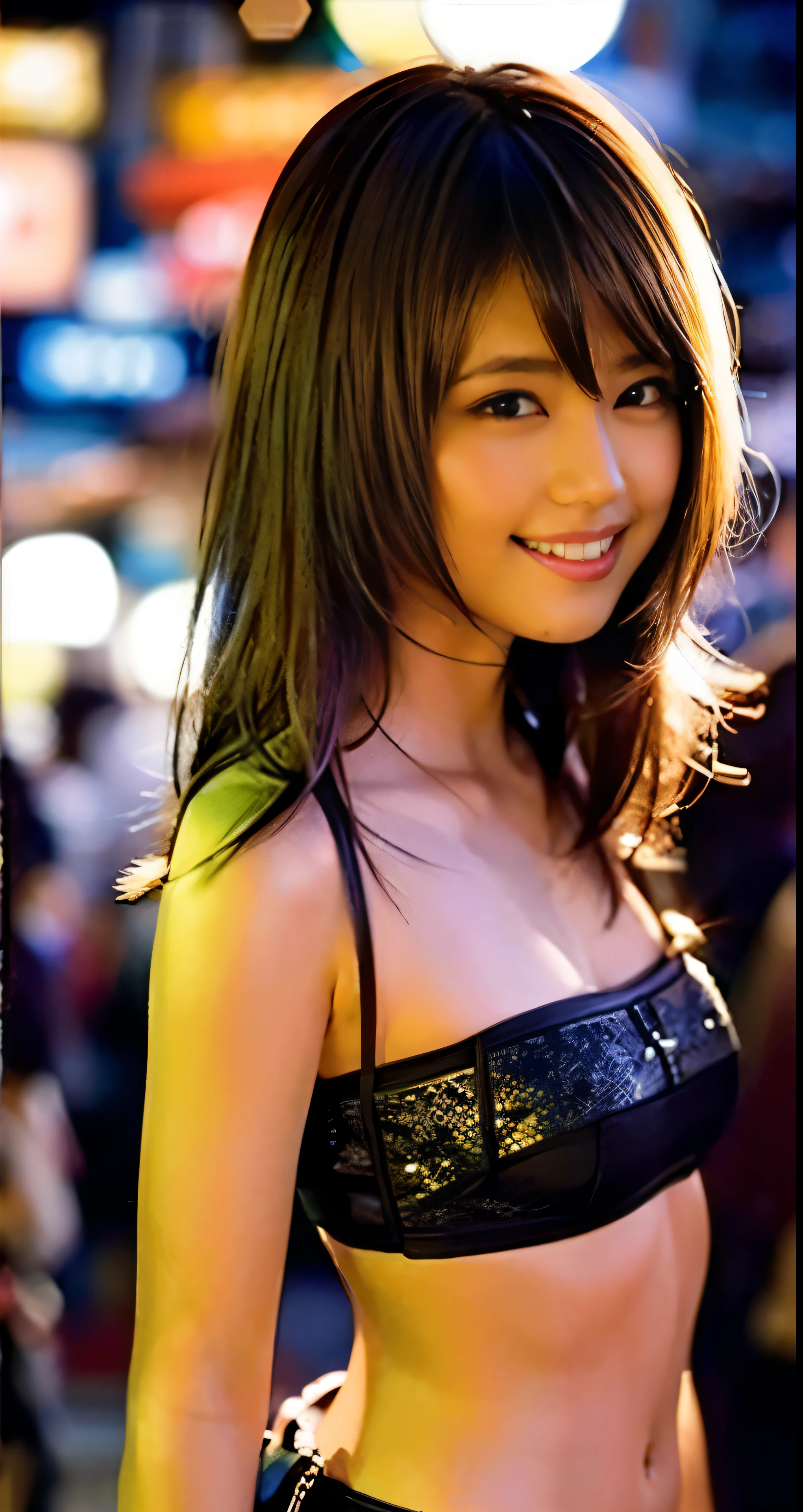 8k, masterpiece, RAW photo, best quality, photorealistic, extremely detailed CG unity 8k wallpaper, Depth of field, Cinematic Light, Lens Flare, Ray tracing, (extremely beautiful face, beautiful lips, beautiful eyes), intricate detail face, ((ultra detailed skin)) 1girl, in the dark, deep shadow, pretty Japanese girl, sakuma mayu idol, 1 girl, (very slim slender fit-muscled body:1.3), ((looking at viewer)),(big smile:1.3), (fruity night market, dark night, (neon sign), (blurred background),