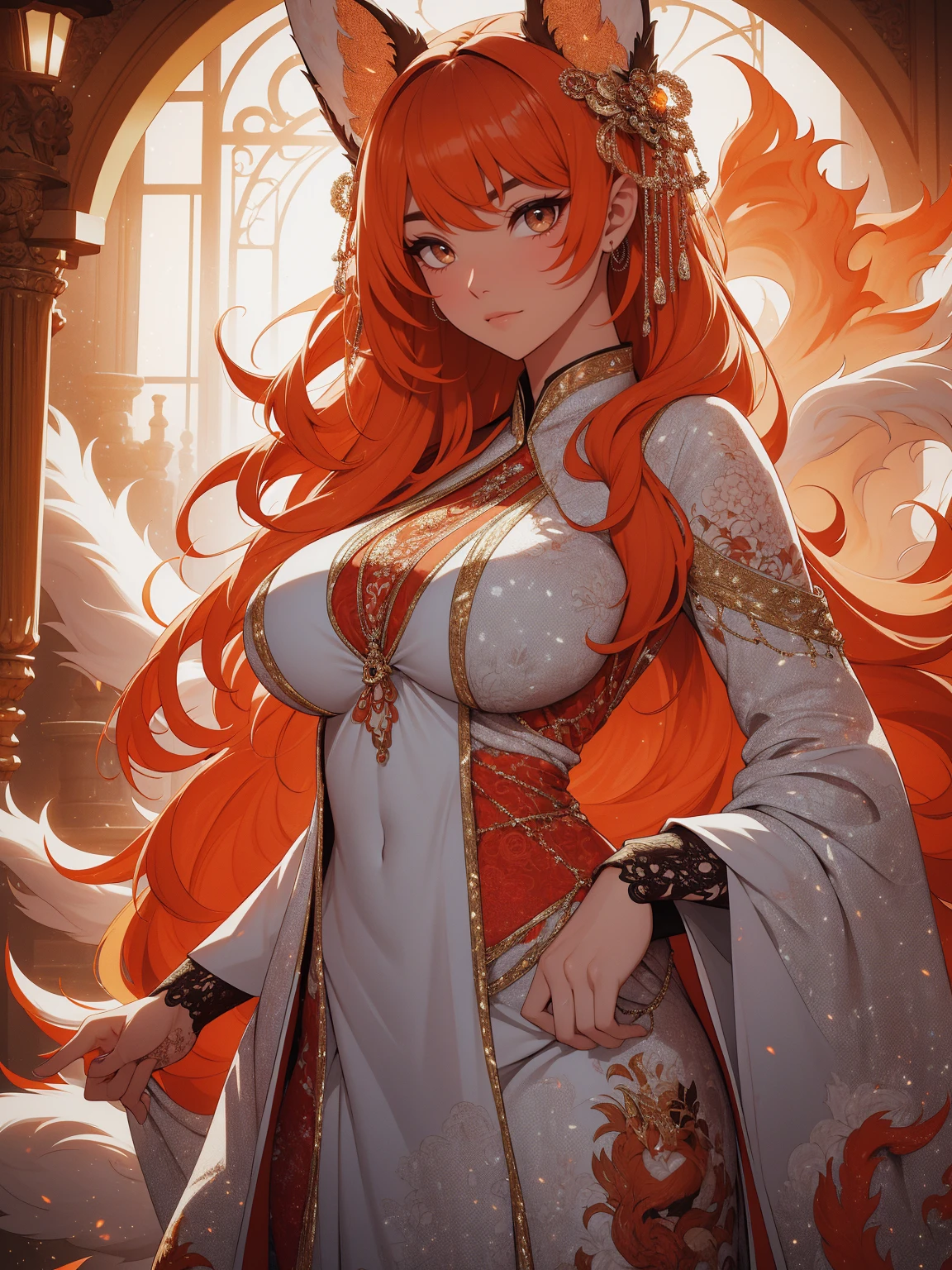 REALISTIC VISION 1.4, BETTER VAE,sharp focus, ultra detail, 32k,realistic photo, intricate details, kitsune, orange hair, oranfe eyes, intricate details ,woman, nine tails,intricate details,intricate details,big , Voluptuous body, intricate details, Miko,clothes long white dress with red details intricate details,tattoos intricate details,full body, backwards, looking back