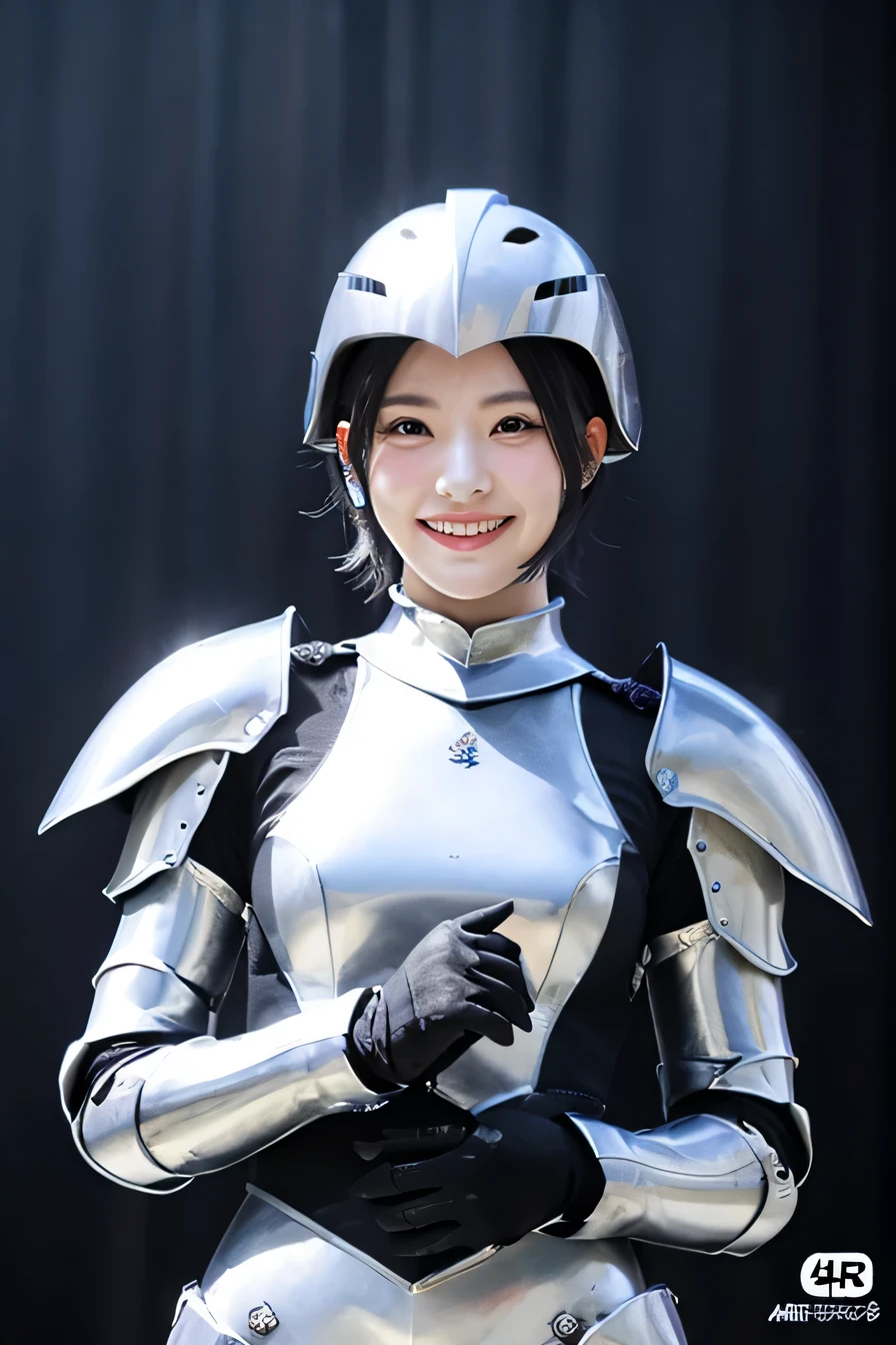 highest quality、4K、The background is a castle、slender body shape、female knight、black hair、smile、beautiful teeth、hairstyle short cut、full body photo、luxurious silver armor、heavy equipment、holding a helmet