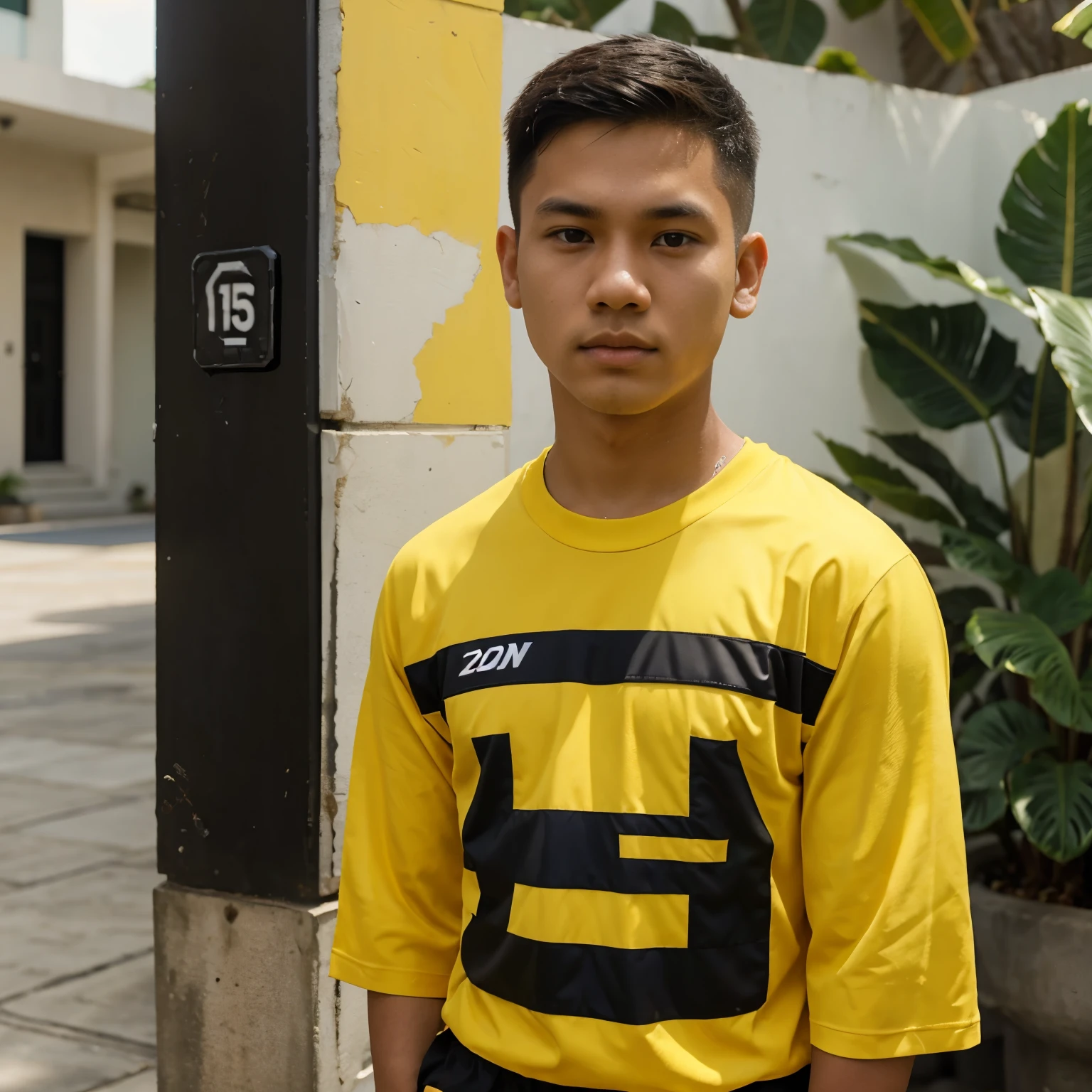 A ager Pilipino wearing jersey shirt and his skin is not white but not dark also just maintain the color and his haircut is twoblock style ,the logo of jersey is De Castro 27 color yellow