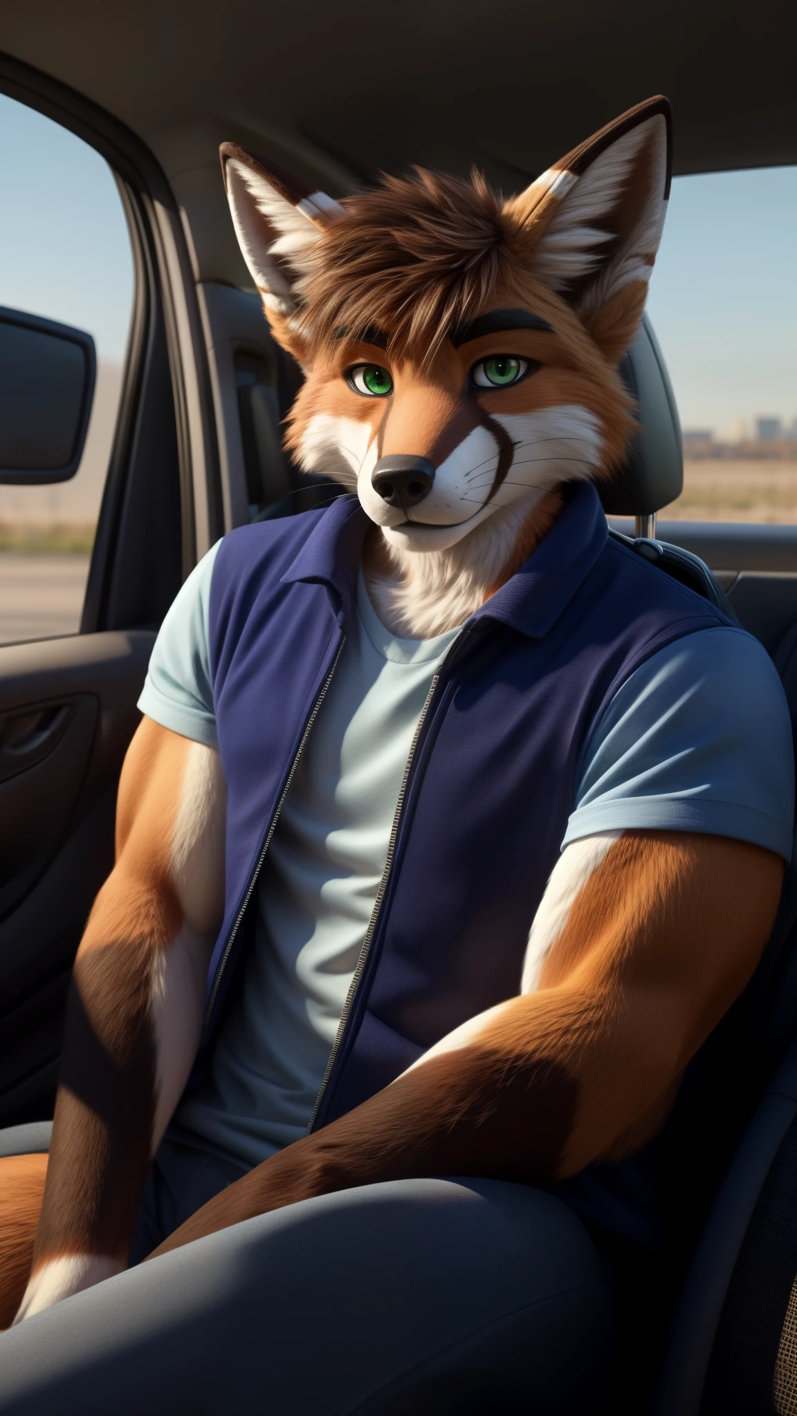An 18 year old muscular teenage Fox male fursuit alone in the car and wearing a random outfit looking at the viewer and green eyes