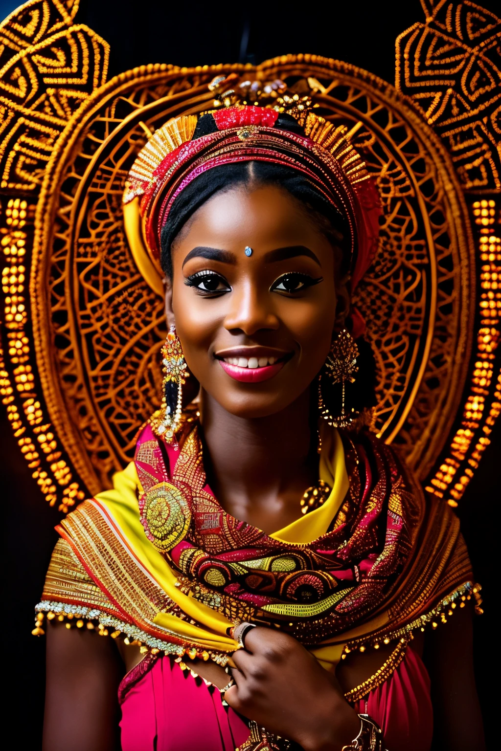 A beautifully cinematic ultra HD image of a radiantly smiling African woman dressed in an intricately designed traditional African dress and scarf. Her visage is adorned with neon lit, intricately designed tattoos that accentuate her features. In the background, a neon lit maze sculpture wall adds a layer of complexity and depth to the scene. The woman lovingly embraces a majestic crested crane, symbolizing harmony and grace. The overall image is bathed in stunning cinematic lighting, creating a captivating and visually striking tableau.
