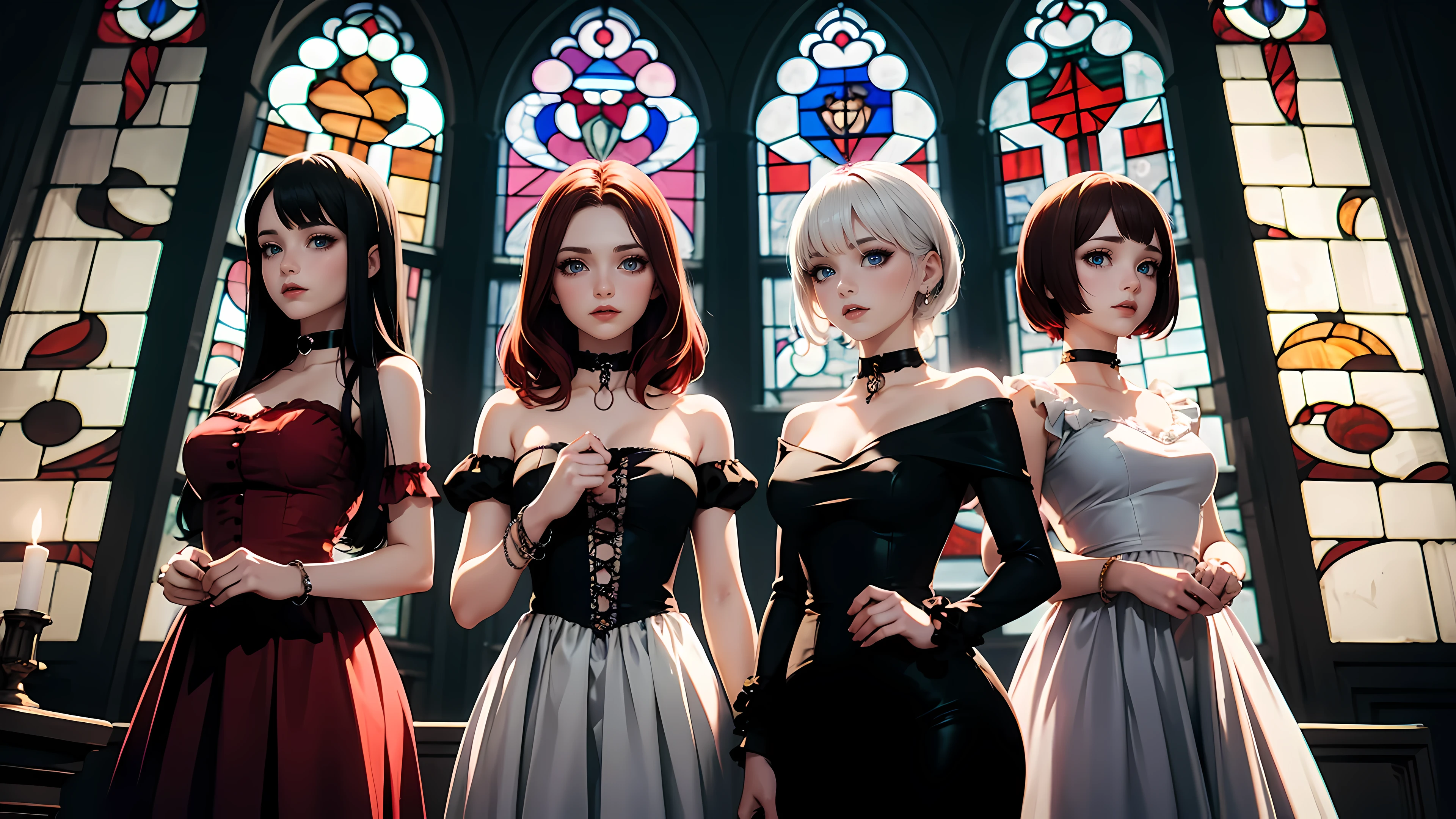 Three beautiful 21 year old girls, three vampire women, detailed beautiful hair, detailed beautiful eyes, small breasts, red hair, black hair, white hair, choker collar, bracelets, red dresses, standing, gothic mansion, Victorian mansion, gothic stained glass window, candles, candlelight, dramatic lighting, cinematic lighting, 