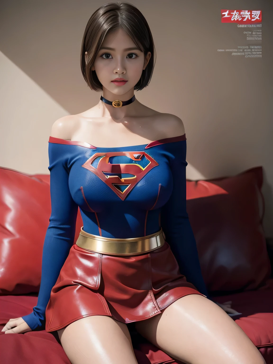 masterpiece、supergirl costume、short hair、enamel boots、big and full breasts、Crisis situation、straddling the cushion、model body shape、shiny、long sleeve、looking at camera、choker、red mini skirt、Weekly magazine cover、gravure magazine、sweaty、whole body、from right in front、off shoulder、Seduce、