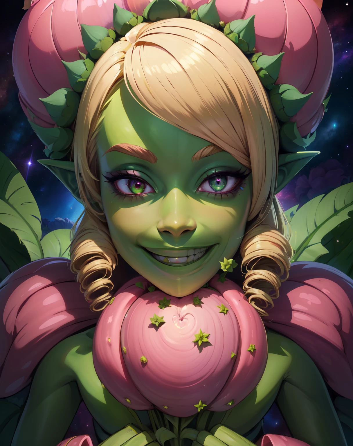 Florabeast,green skin,plant girl,pointy ears, blonde hair, (pink drill hair), flower , toned,  navel, 
 solo, smiling, sinister eyes,
 outer space, milky ways, stars, garden, (insanely detailed, beautiful detailed face, masterpiece, best quality)
 