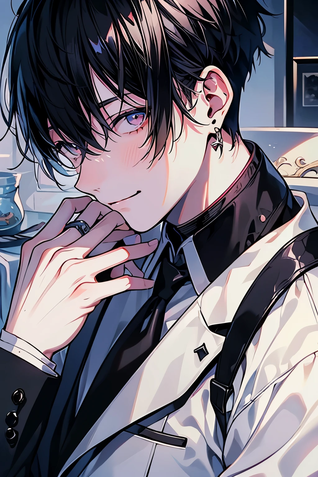 (muste piece), (best quality), very detailed, ((two men intimate)), perfect face, beautiful face, very detailed顔,(black haired man:1.3),(white haired man:1.3),suit,shirt,smile