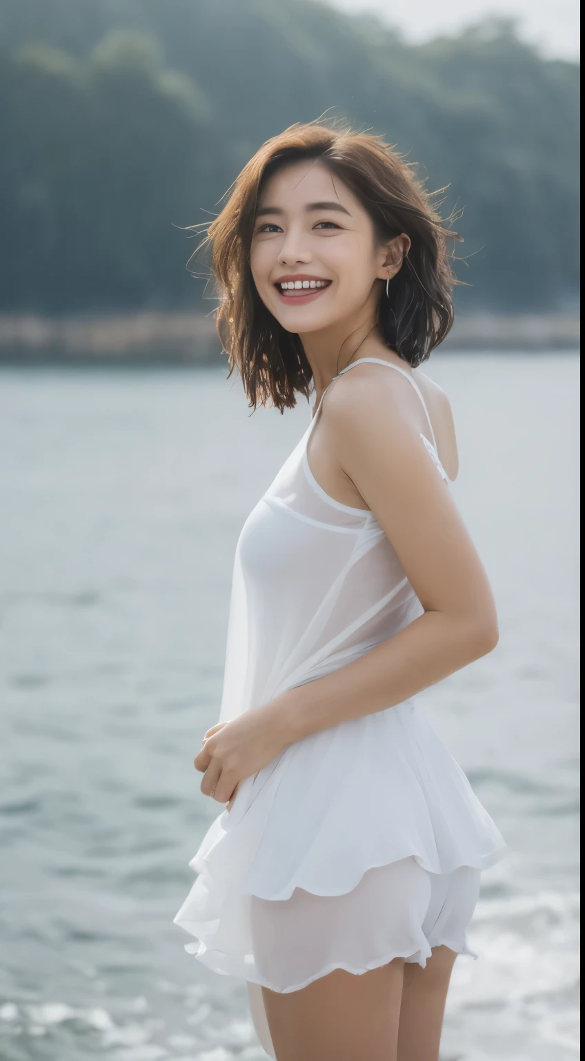 ((Best Quality, 8k, Masterpiece:1.3)), Focus:1.2, Perfect Body Beauty:1.4, Buttocks:1.2, ((Layered Haircut, Breasts:1.2)), (Wet Clothes:1.2) , (Rain, seaside:1.3), Bandeau Dress: 1.1, Highly Detailed Face and Skin Texture, Fine Eyes, Double Eyelids, Whitened Skin, Long Hair, (smiling and dancing:1.3)