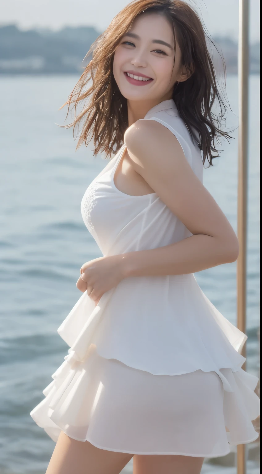 ((Best Quality, 8k, Masterpiece:1.3)), Focus:1.2, Perfect Body Beauty:1.4, Buttocks:1.2, ((Layered Haircut, Breasts:1.2)), (Wet Clothes:1.2) , (Rain, seaside:1.3), Bandeau Dress: 1.1, Highly Detailed Face and Skin Texture, Fine Eyes, Double Eyelids, Whitened Skin, Long Hair, (smiling and dancing:1.3)