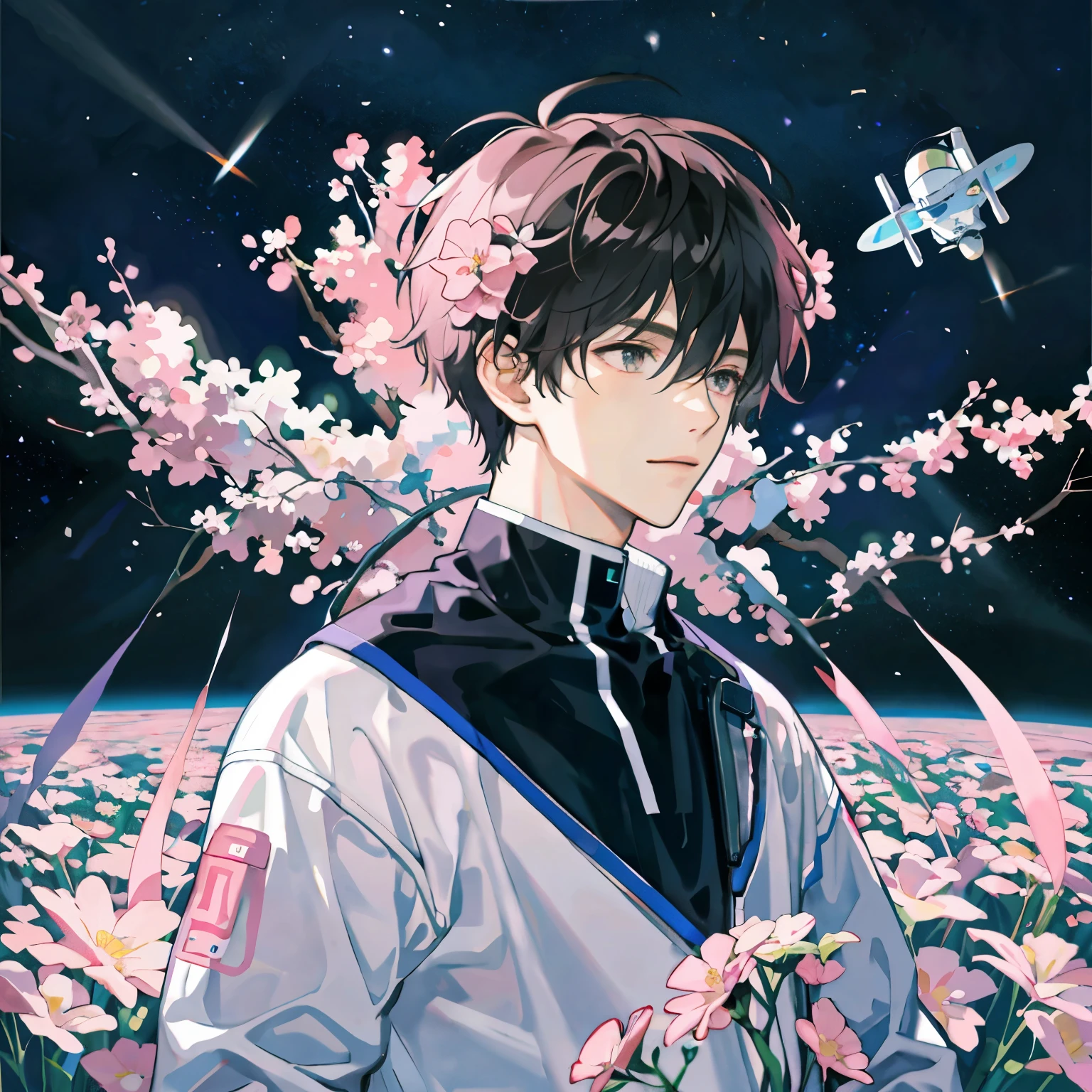 he astronaut walks in the sea of flowers dotted with pink clouds,The astronaut who is alone,The astronaut cannot leave this planet,The astronaut is lost in the boundless space.