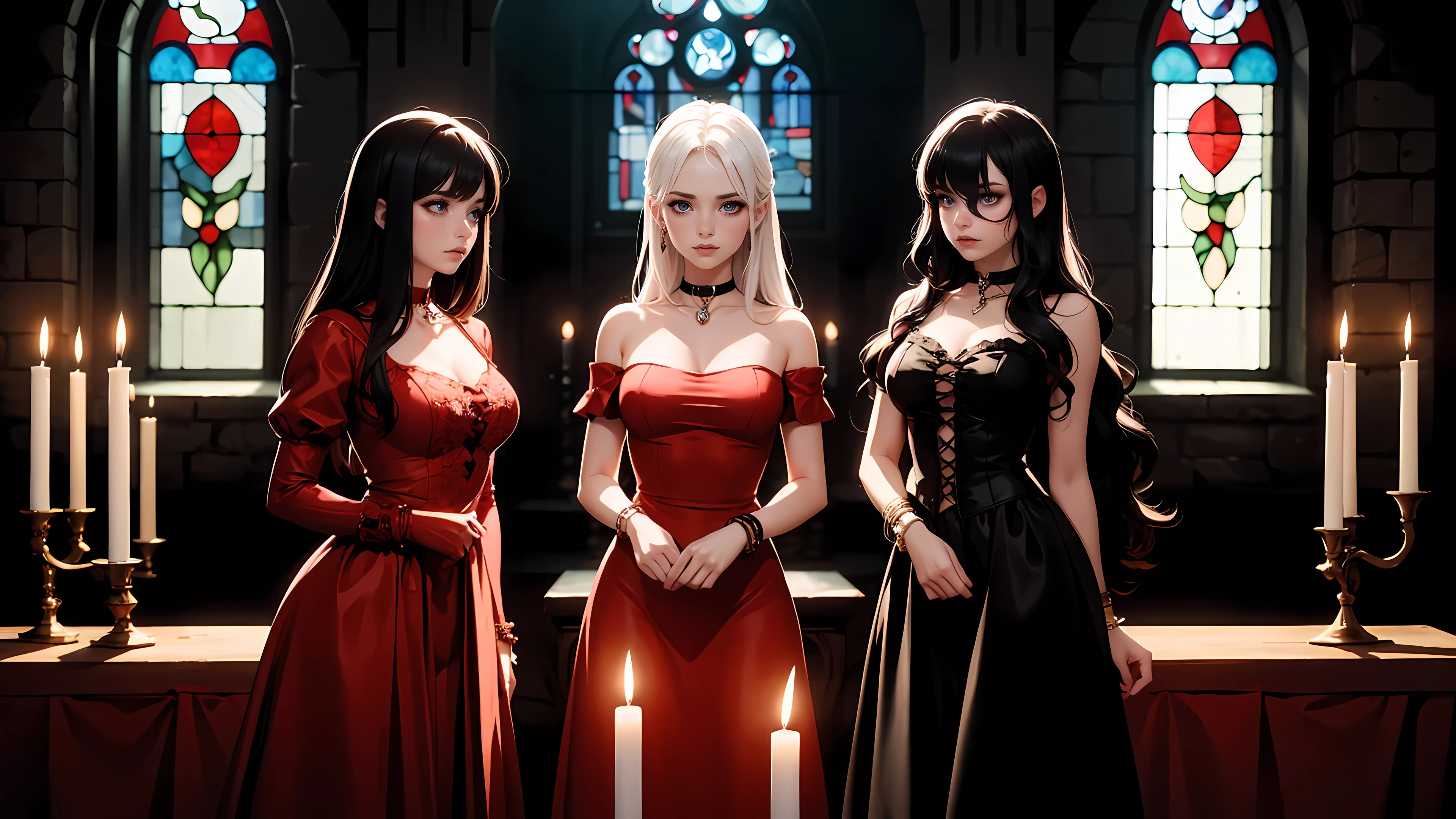 Three beautiful 21 year old girls, three witches, detailed beautiful hair, detailed beautiful eyes, small breasts, red hair, black hair, white hair, choker collar, bracelets, red dresses, standing, gothic mansion, Victorian mansion, dungeon, gothic stained glass window, candles, candlelight, dramatic lighting, cinematic lighting, 