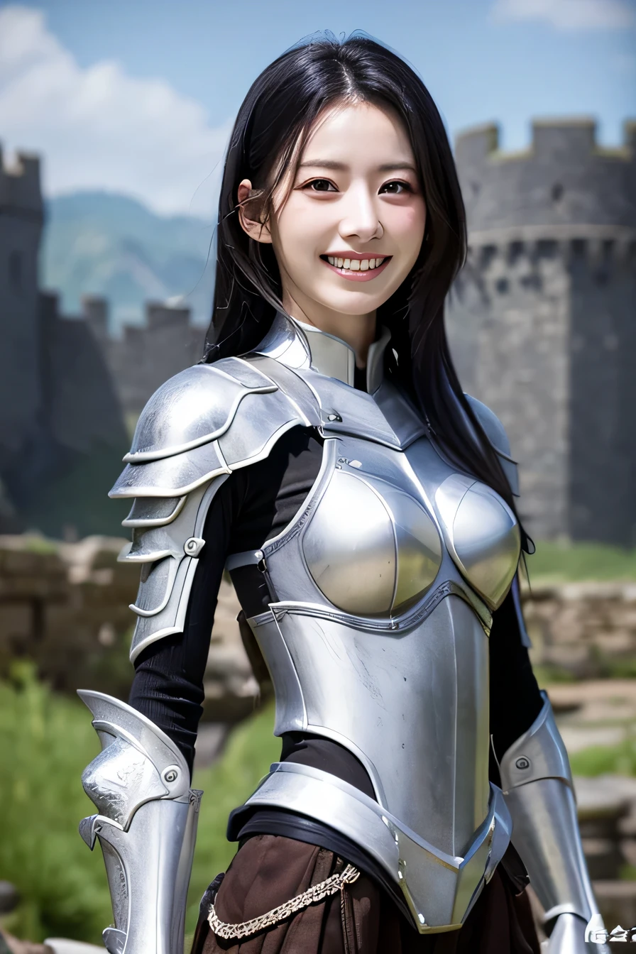 high resolution, 4k, masterpiece: 1.3), japanese mature, women pictures, sexy, fine eyes, slender body shape, realistic teeth, double eyelid, full body, highest quality, get used to it, equipped with armor, in a fantasy world, The background is a castle、black hair、smile、beautiful teeth、hairstyle shortcut、full body photo、luxurious silver armor、Information held by the helmet

