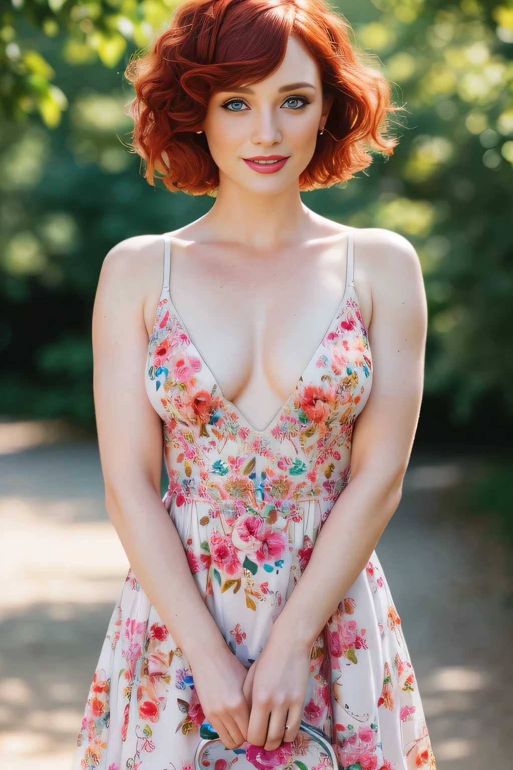 Masterpiece, (Bryce Dallas Howard: 0.5), shy, cute, playful smile, high detail face, high detail skin, flowered dress, (high detail eyes:1.3), short hair, red hair, (small breasts:1.2), (strong athletic body), city park background, (UHD, 8K wallpaper, High resolution), Cinematic lighting, award-winning, extremely white detailed skin, extra detailed face, high detail eyes, photo-realistic, Zeiss 85 mm F/1.4, by Ellen von Unwerth