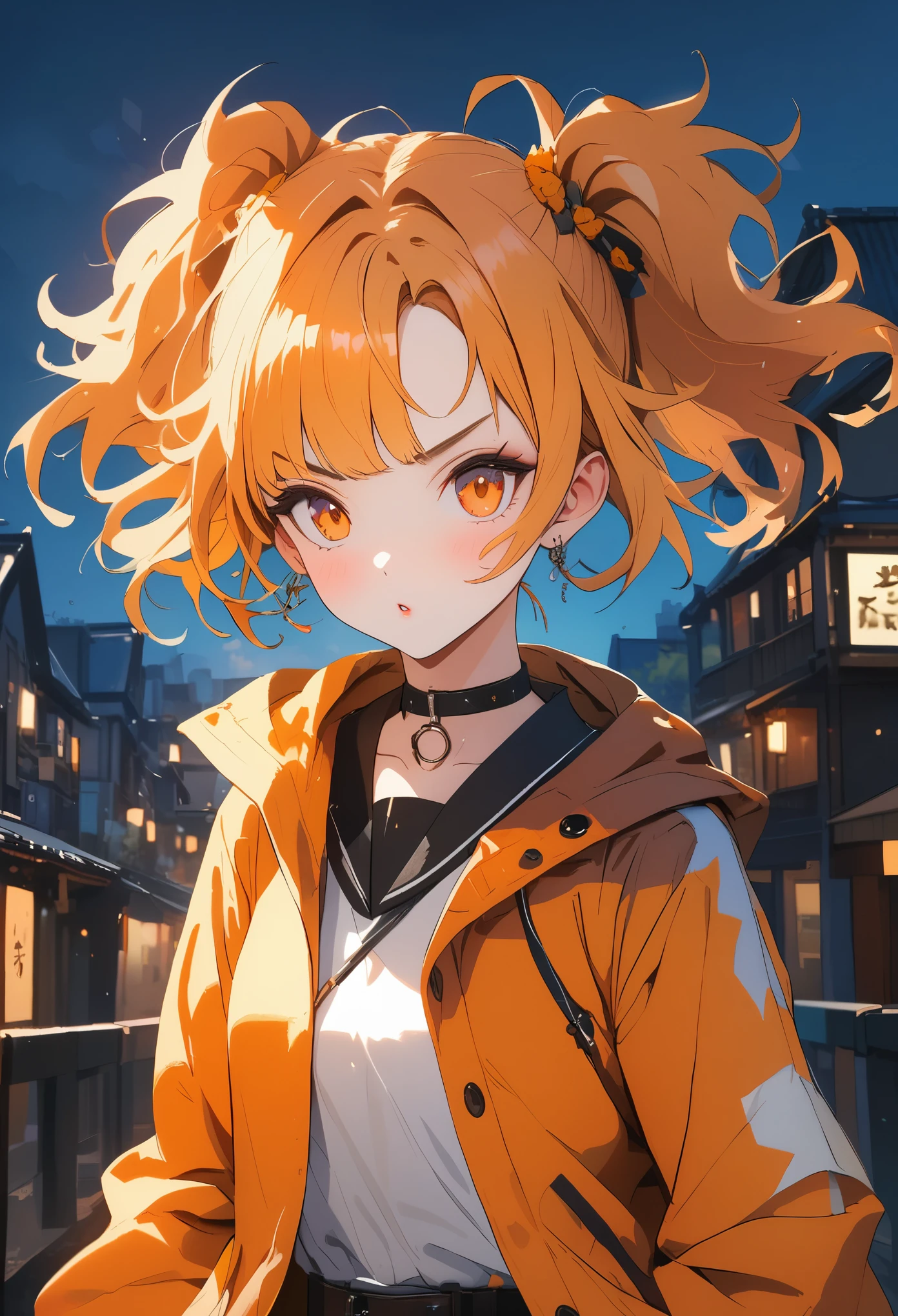a character wearing an orange coat is lighting up the city, in the style of visual kei, kintsugi, black and white mastery, traditional poses, multiple flash, depicts real life, dazecore
