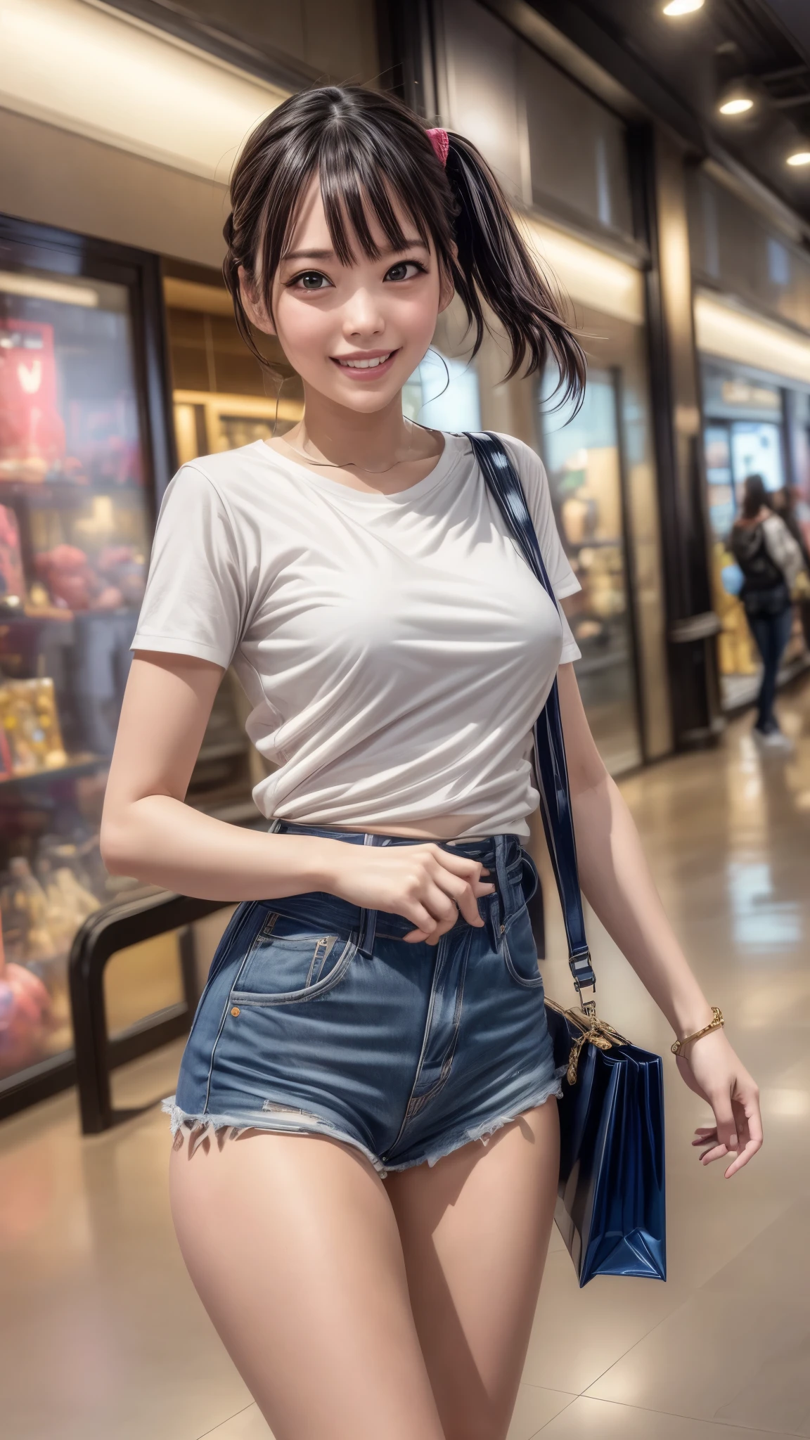 (best quality,4k,8k,highres,masterpiece:1.2),ultra-detailed, College Girl shopping in a mall, strutting her stuff, Smiling and laughing, Flirting with the viewer, HDR, 8k, absurdres, cinestill 800, sharp focus, add_detail:3 (solo woman) Tenchan