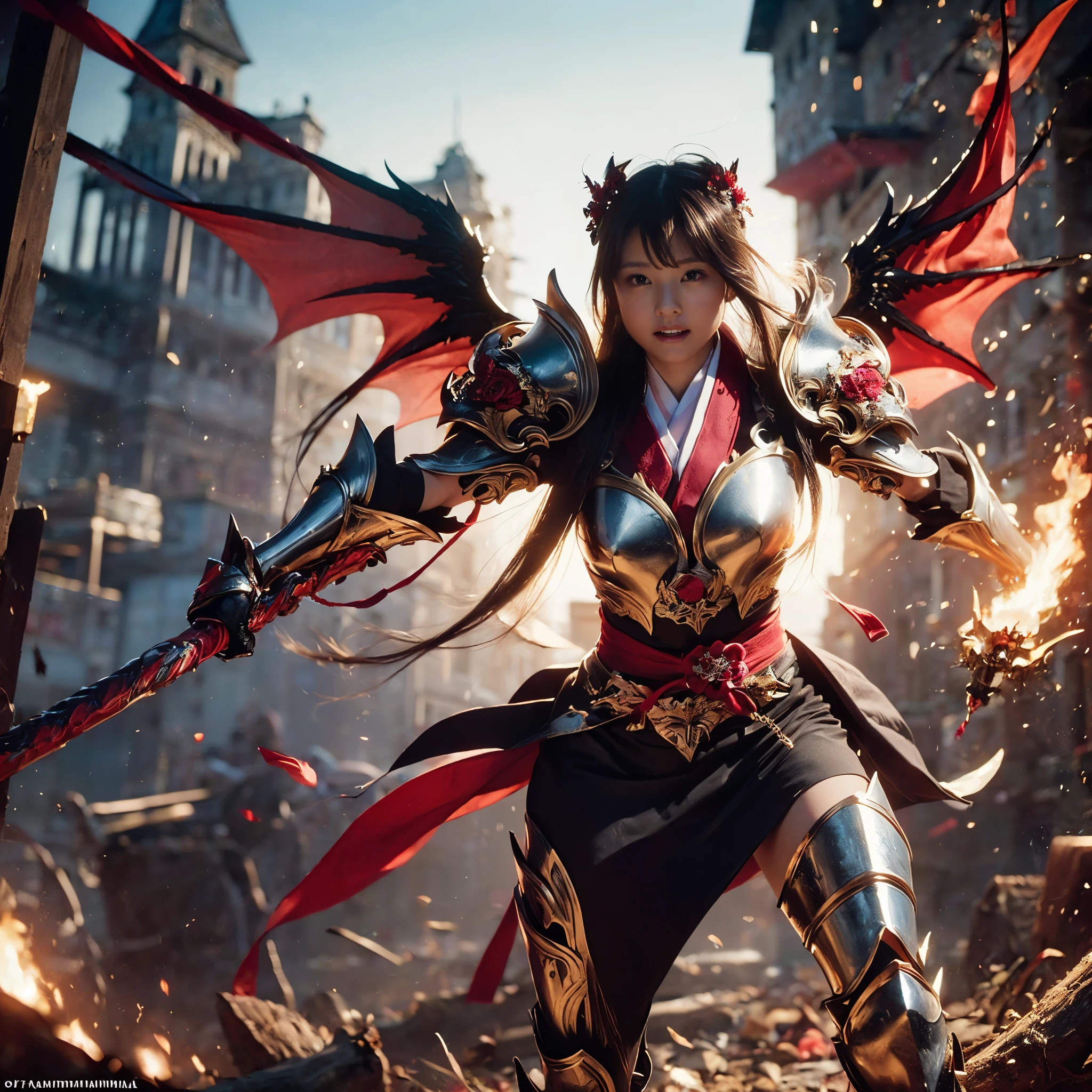 (((Realistic, masterpiece, best quality, crisp detail, high definition, high detail, very rich detail, sharp focus, sharp detail, colorful, perfect studio lightning))), ((20 years old goddess, kasumi arimura, flying, floating)),(((in the middle of war, epic war scene))), wearing (((beautiful decorated golden heavy armor, dragon armor, decorated full body armor, fully armored beautiful kimono, wide golden wings))), (flying, floating, attack stance, holding fantasy weapon, blood scattered face, blood tears, blood bath, blood shed), (((fire everywhere, blood everywhere, death everywhere, japan bakumatsu period, dead bodies,carcass,burned japanese castle,hellish,chaos)) traditional village background)