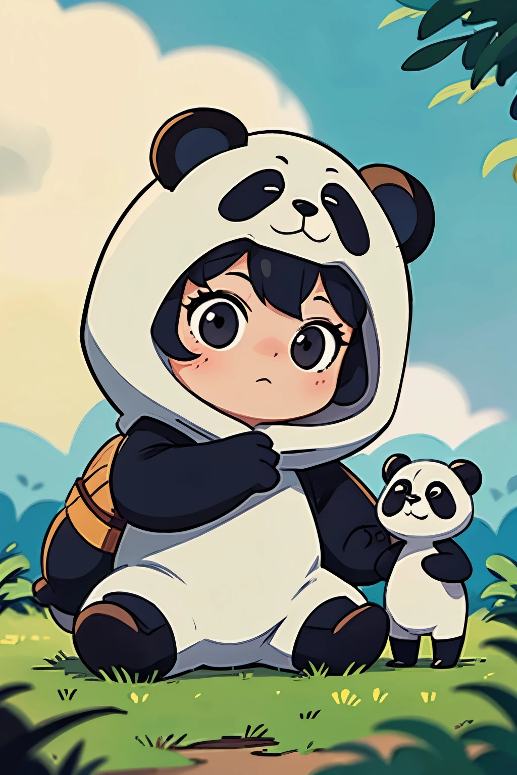 anime、A  wearing a panda costume、cute pose、Take a photo from the side