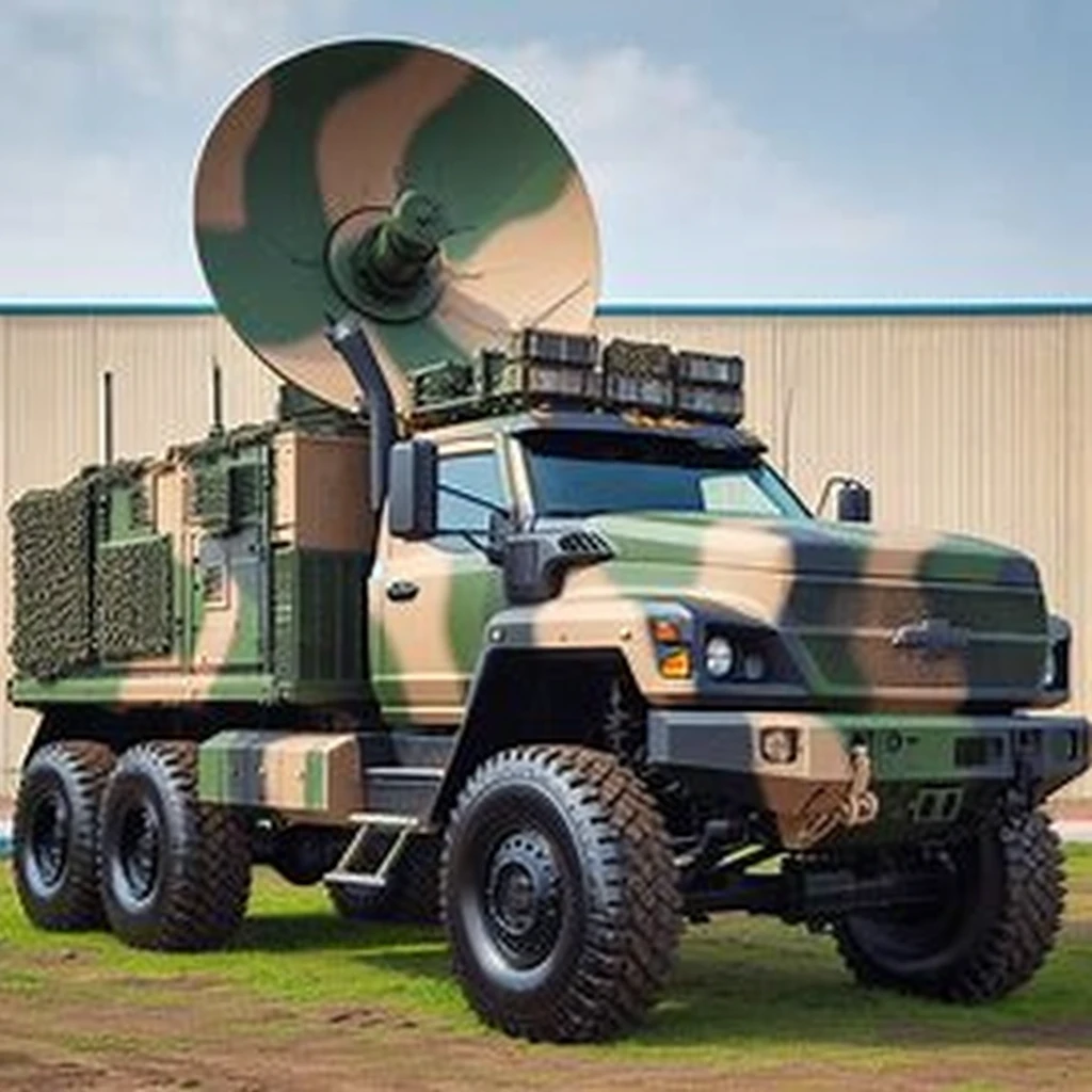 military system radar movil truck chevrolet 6x6  , painted camouflage beige green and brown, hiperreal photografic Professional photography, 