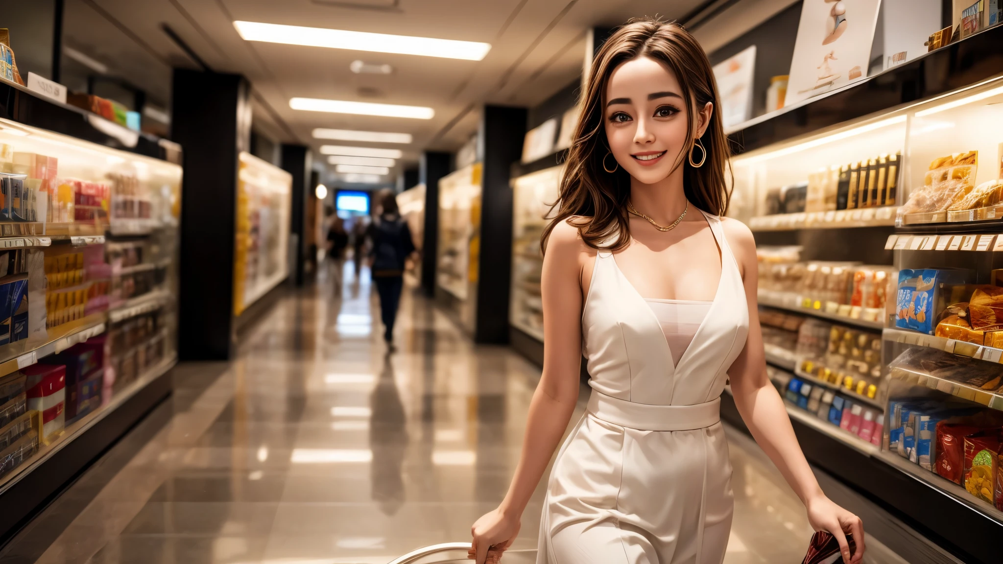 (best quality,4k,8k,highres,masterpiece:1.2),ultra-detailed, College Girl shopping in a mall, strutting her stuff, Smiling and laughing, Flirting with the viewer, HDR, 8k, absurdres, cinestill 800, sharp focus, add_detail:3 (solo woman) Dilraba Dilmurat