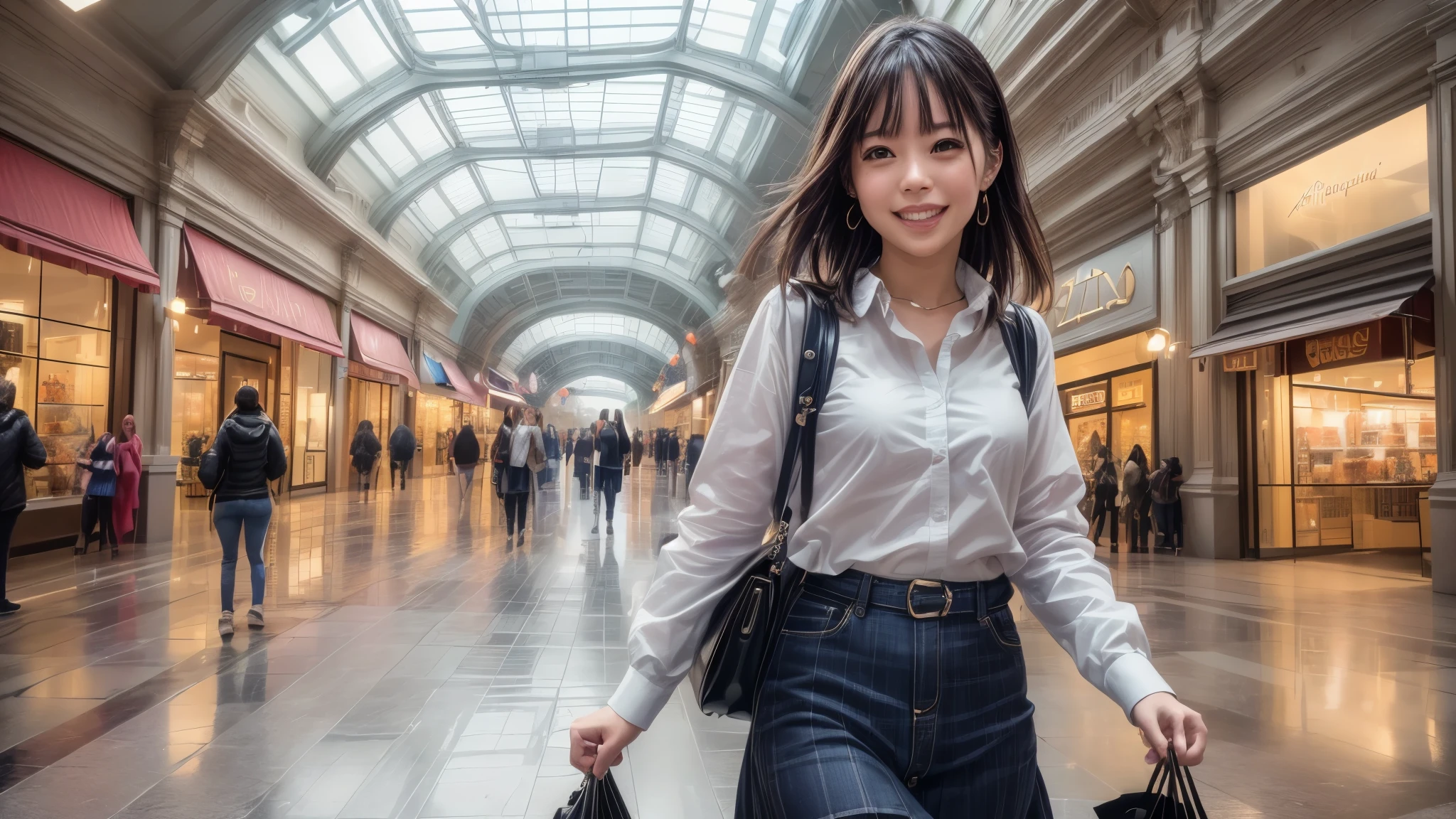 (best quality,4k,8k,highres,masterpiece:1.2),ultra-detailed, College Girl shopping in a mall, strutting her stuff, Smiling and laughing, Flirting with the viewer, HDR, 8k, absurdres, cinestill 800, sharp focus, add_detail:3 (solo woman) Tenchan