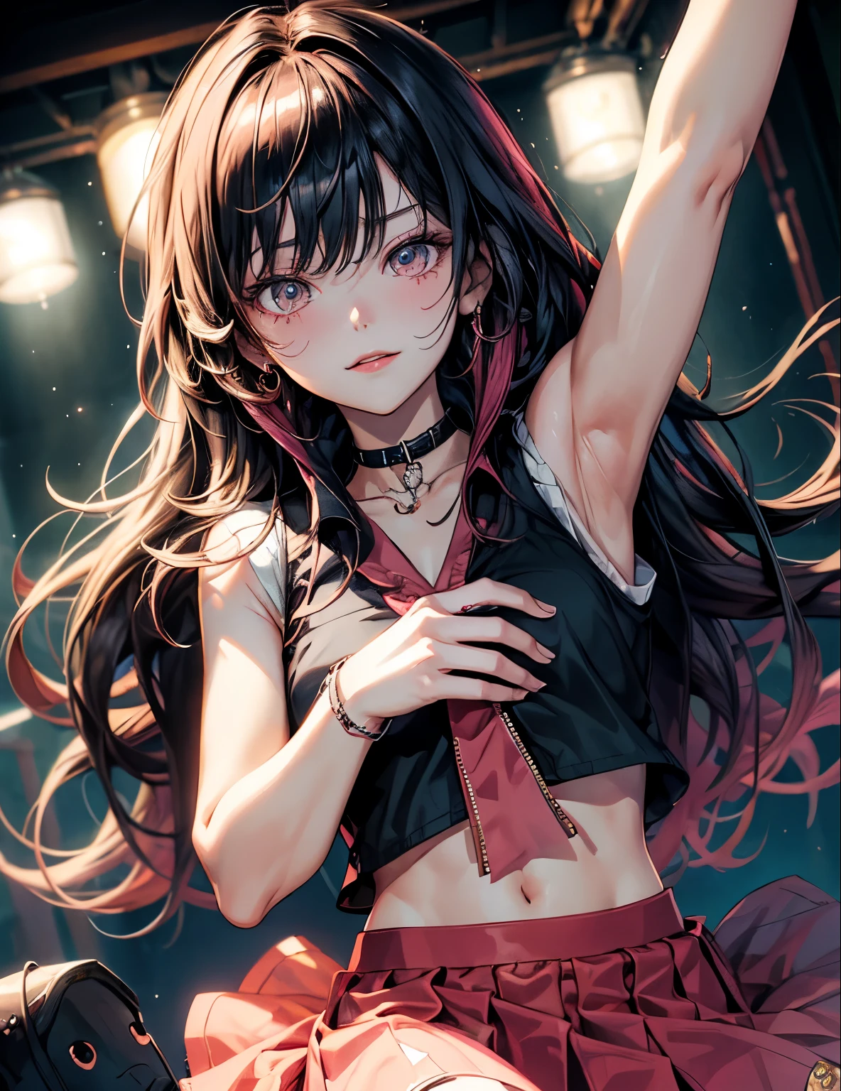 1girl, (masterpiece, best quality:1.2), 1girl, solo,standing_split, 
Yuuki Mikan, long hair，black sleeveless short vest，pink skirt，black