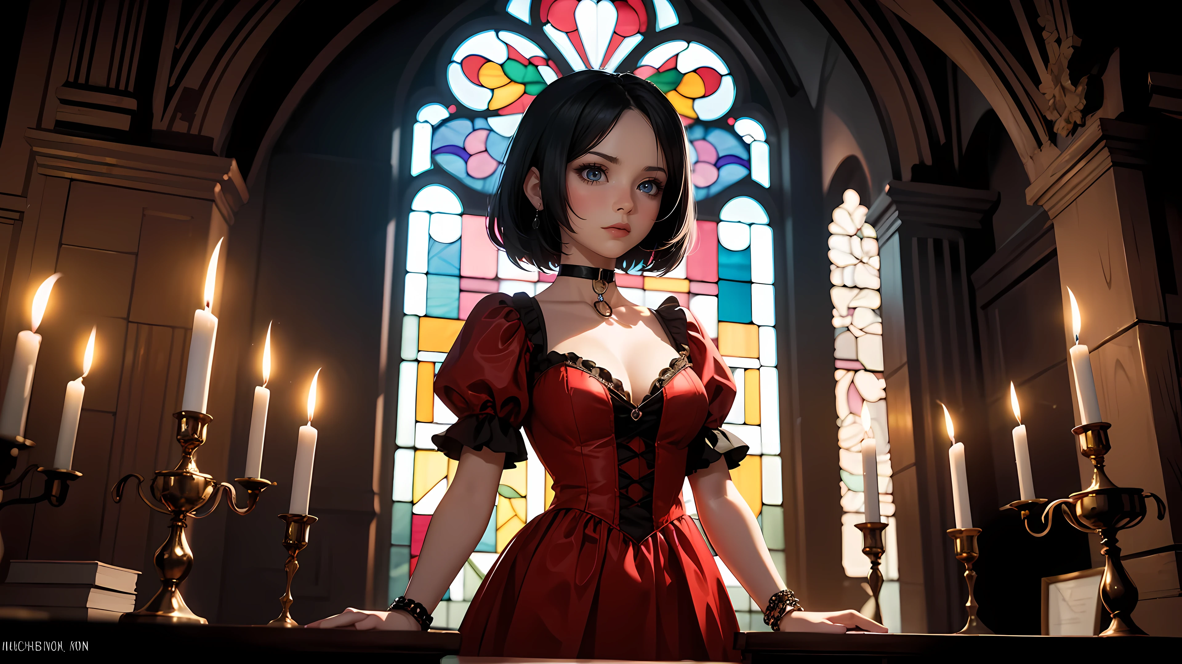 Three beautiful 30 year old women, witches, detailed beautiful hair, detailed beautiful eyes, small breasts, red hair, black hair, white hair, choker collar, bracelets, red dresses, standing, gothic mansion, Victorian mansion, dungeon, gothic stained glass window, candles, candlelight, dramatic lighting, cinematic lighting,
