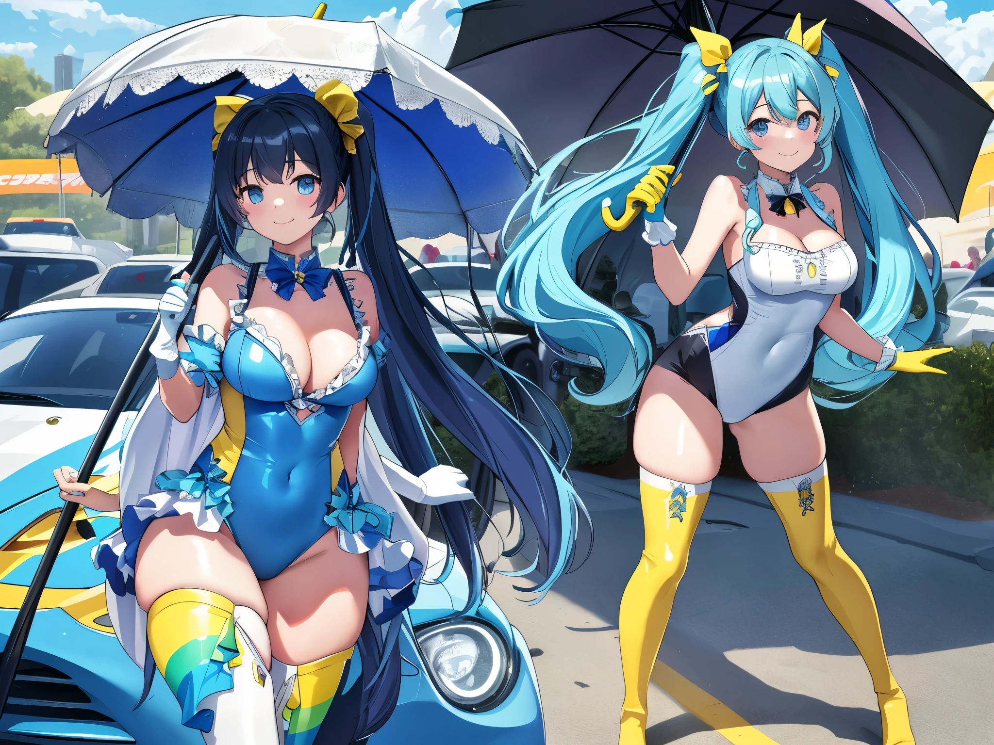 masterpiece,(Super detailed),1 girl, light blue long hair、twin tails、bright smile, A packed audience、Yellow Porsche racing car(whole), colorful umbrellas next to the car、 lace queen, rainbow colored leotard, Two-tone gloves, thigh boots,