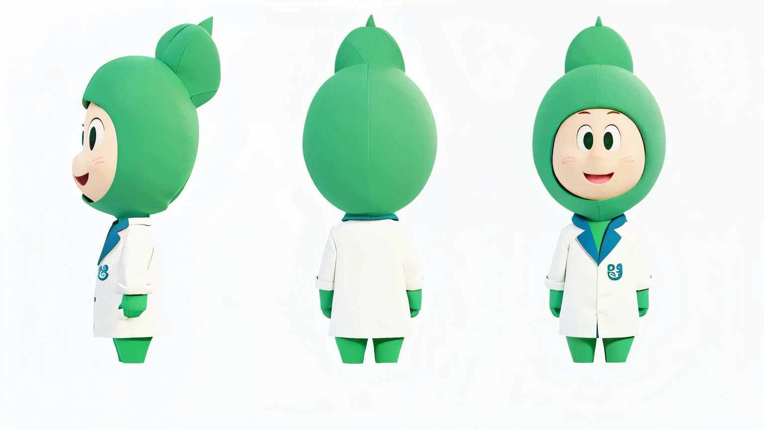 mascot,3d,Three View,cute,wearing green clothes,Wearing a green hood,8k,c4d,high resolution,HD,White background,masterpiece