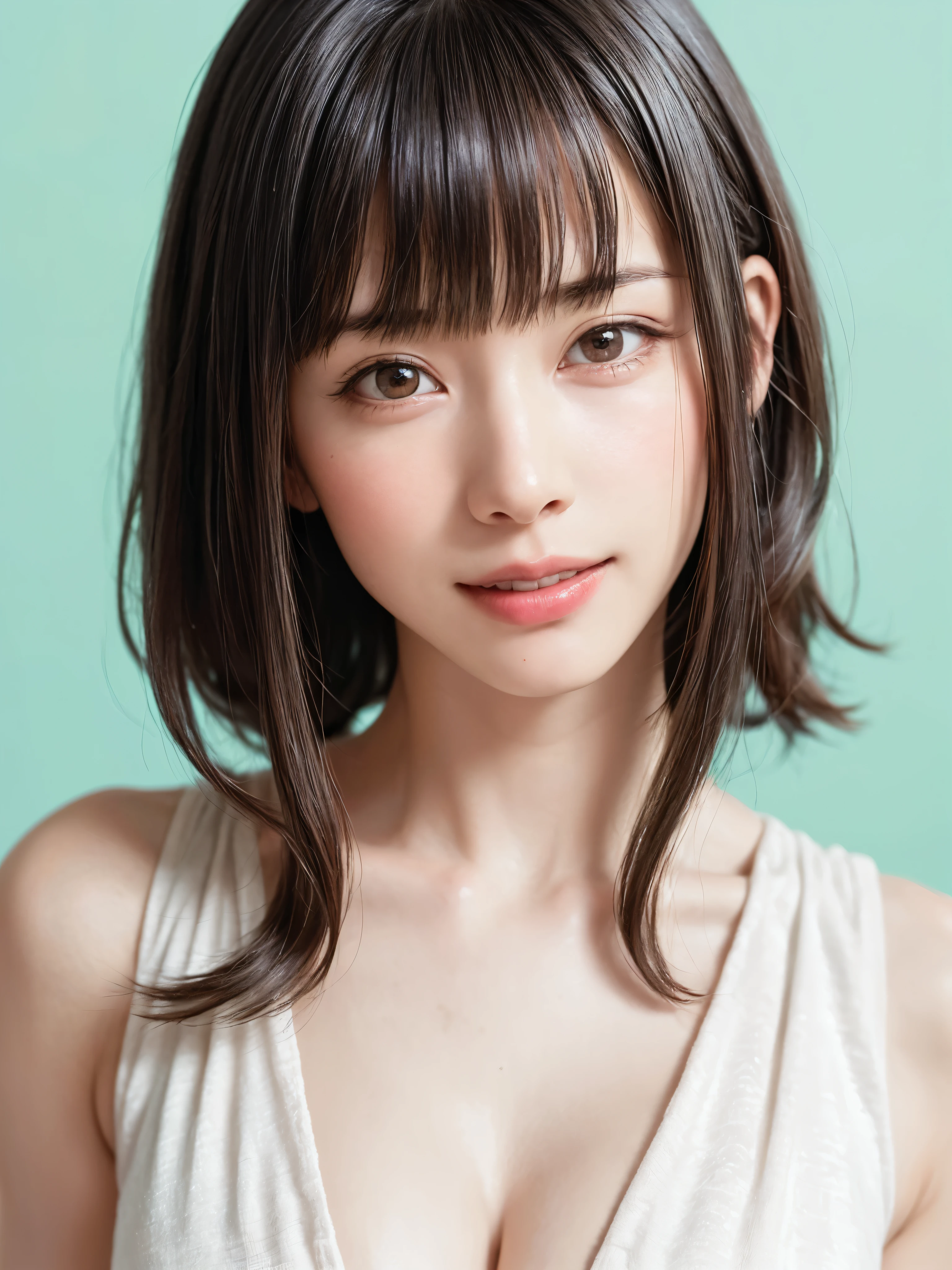 (table top, highest quality、ultra high resolution、face focus focus、focus on the sides、navel focus、decolletage focus、very attractive beauty、Add intense highlights to your eyes、look closely at the camera:1.4、Absolutely beautiful bangs:1.4、Brunette short bob hair with bangs:1.4),1 girl, Report, black haired, realistic, looking at the viewer, pale black eyes, short hair, lips, lip gloss, Upper body、Big eyes、eyelash)、((Simple background in bright colors、hyper real stick:1.4))、((short hair with bangs:1.4、Beautiful bangs with 46 points:1.4、{Huge|big|huge|mega} chest:2, cleavage:2、Big eyes、Give your students very powerful highlights、very bigger chest、look at the audience、very beautiful beauty、show me your ears、beautiful long neck、beautiful decollete、smile、A smilee beautiful teeth、Open your mouth and smilee))、28 years old、very cute super model、perfect anatomy、simple blue background:1.8