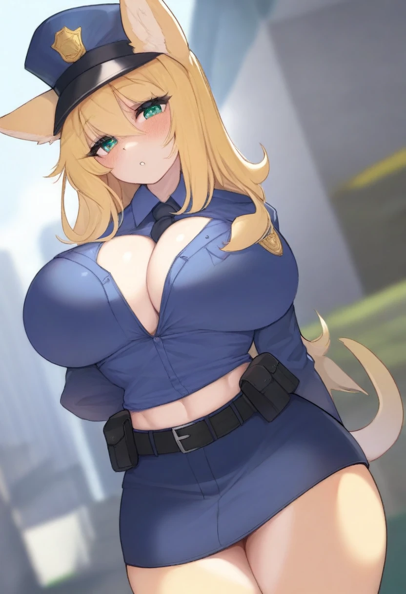 (masterpiece, best quality:1.2), police woman in skirt police uniforms, covered chest completely, blonde, giga_busty