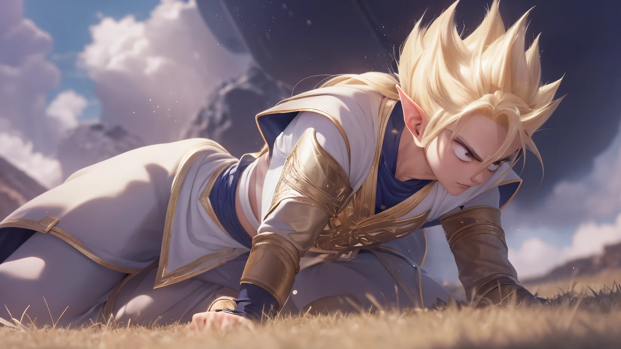 (masterpiece), 8k, best quality, panoramic view, full body, elf boy, naïve, male, ager, 14 yite skin, slim body, pointed elf ears, beautiful finely detailed silver eyes, high forehead, spiky yellow blonde hair like Gohan from the anime dragon ball (super sayajin), incredibly handsome, conservative elven outfit, sitting on the ground, dizzy after being hit, warrior, courageous, strong, hero, valor, fearless, full action, adventure