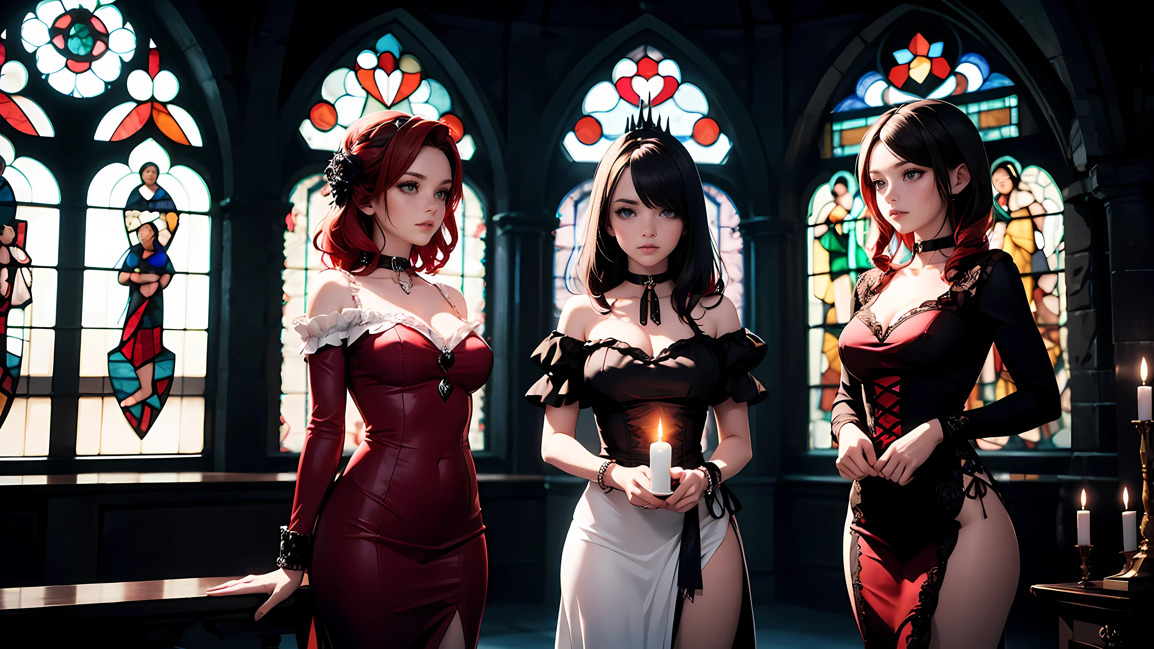 Three beautiful 30 year old women, witches, detailed beautiful hair, detailed beautiful eyes, small breasts, red hair, black hair, white hair, choker collar, bracelets, red dresses, standing, gothic mansion, Victorian mansion, dungeon, gothic stained glass window, candles, candlelight, dramatic lighting, cinematic lighting, 