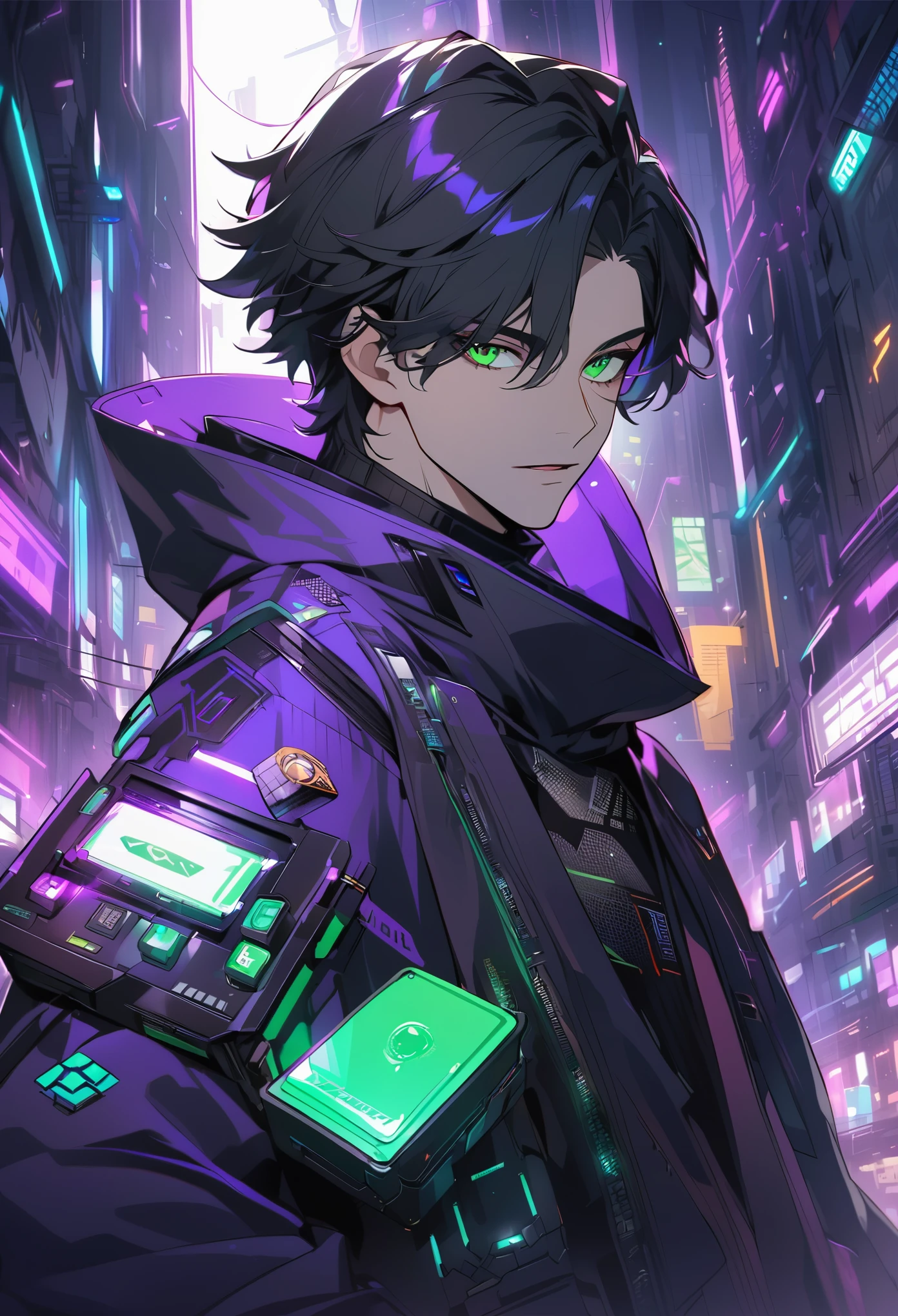 Handsome, solo, 1 male, short hair, black hair, green eyes, black and purple hood, futuristic, cyberpunk, cards, dices, gambler