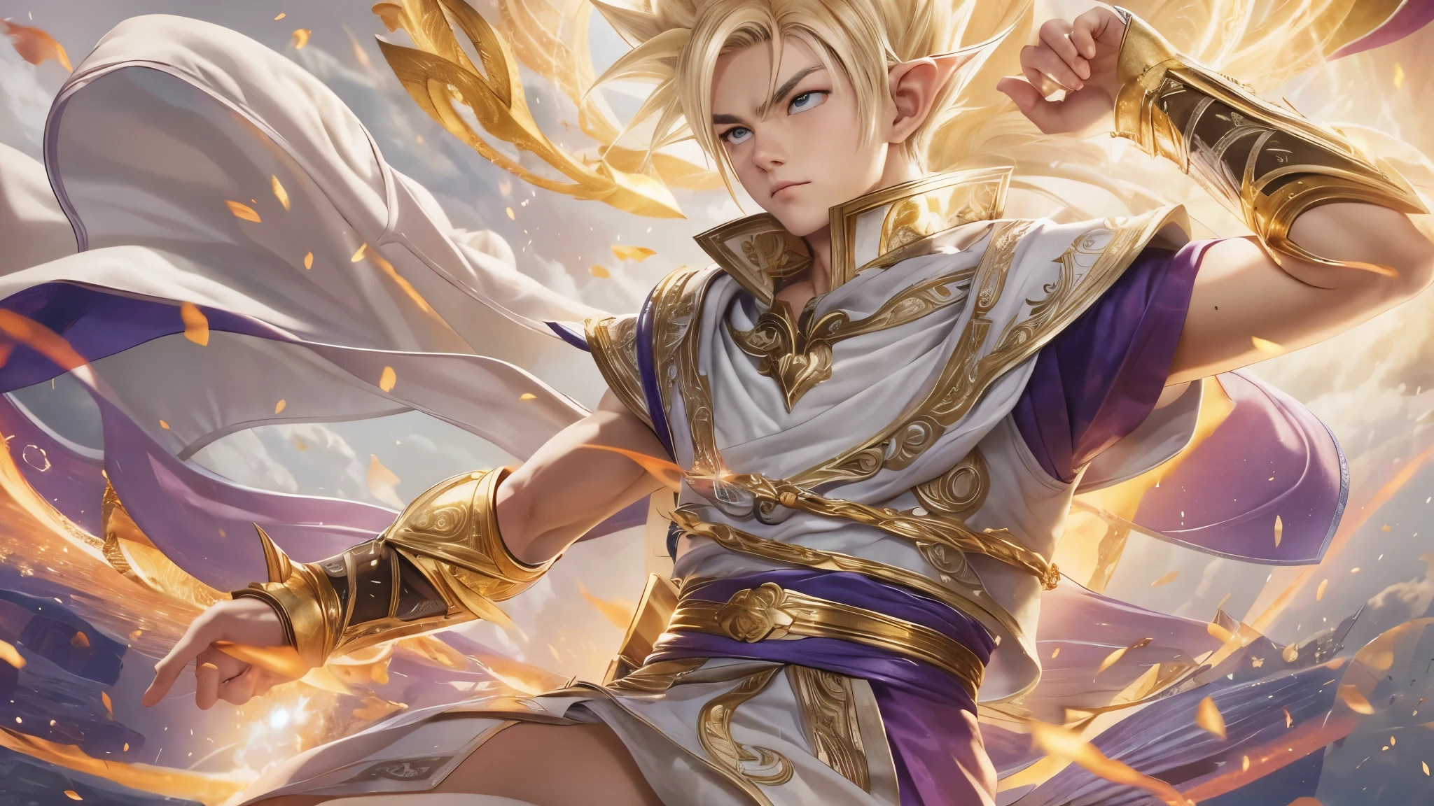 (masterpiece), 8k, best quality, panoramic view, full body, elf boy, naïve, male, ager, 14 yite skin, slim body, pointed elf ears, beautiful finely detailed silver eyes, high forehead, spiky yellow blonde hair like Gohan from the anime dragon ball (super sayajin), incredibly handsome, conservative elven outfit, sitting on the ground, dizzy after being hit, warrior, courageous, strong, hero, valor, fearless, full action, adventure