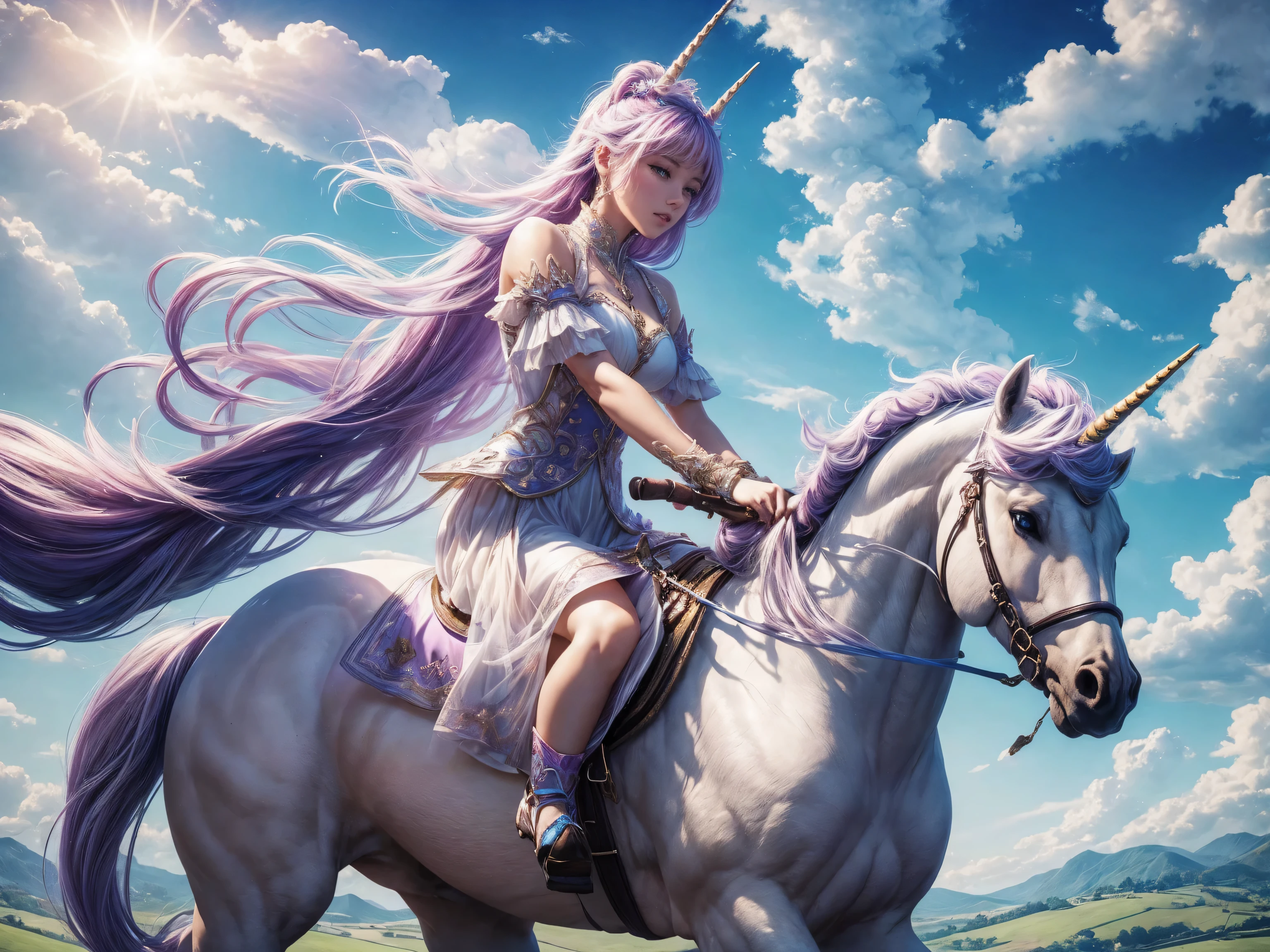 A beautiful girl riding a unicorn runs through the sky、The sky above the beautiful countryside、fantasy world、