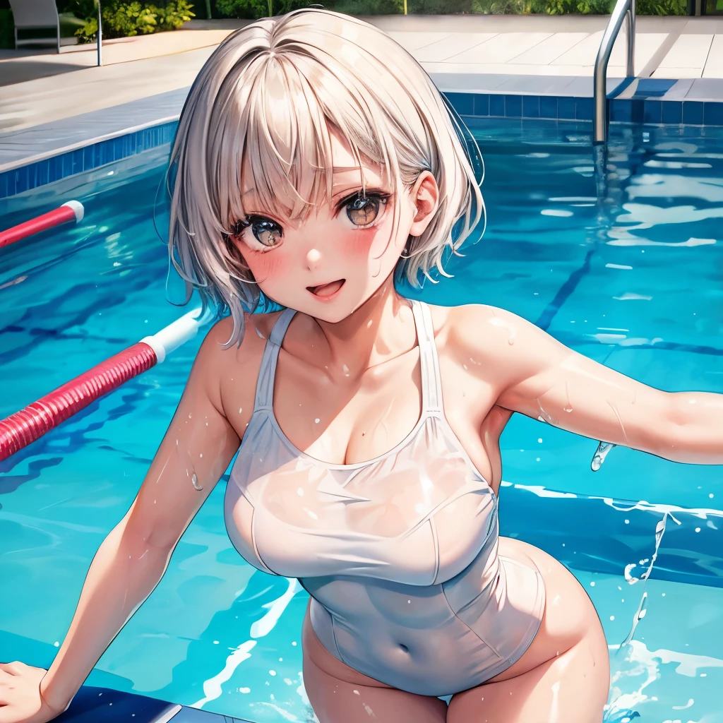 A masterpiece artwork featuring a  with a cute face and a kawaii expression, dressed in a white school swimsuit paired with white thigh-highs. Her short hair glistens with water droplets, creating a wet and steamy atmosphere. The translucent swimsuit clings to her body, revealing a hint of sweat on her skin, while the poolside setting adds a touch of allure to the scene.