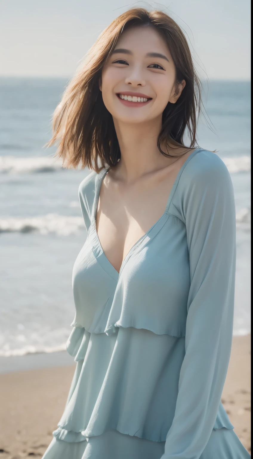 Realistic photo of 1 cute Korean star, Short ponytail hair, White skin, thin makeup, 32 inch breast size, wearing camisole, Take a walk by the sea, Sunset light, Upper body portrait, hyper HD,Smile