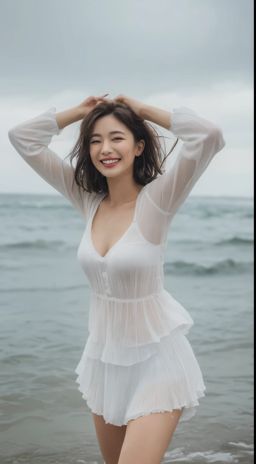 ((Best Quality, 8k, Masterpiece:1.3)), Focus:1.2, Perfect Body Beauty:1.4, Buttocks:1.2, ((Layered Haircut, Breasts:1.2)), (Wet Clothes:1.2) , (Rain, seaside:1.3), Bandeau Dress: 1.1, Highly Detailed Face and Skin Texture, Fine Eyes, Double Eyelids, Whitened Skin, Long Hair, (smiling and dancing:1.3)