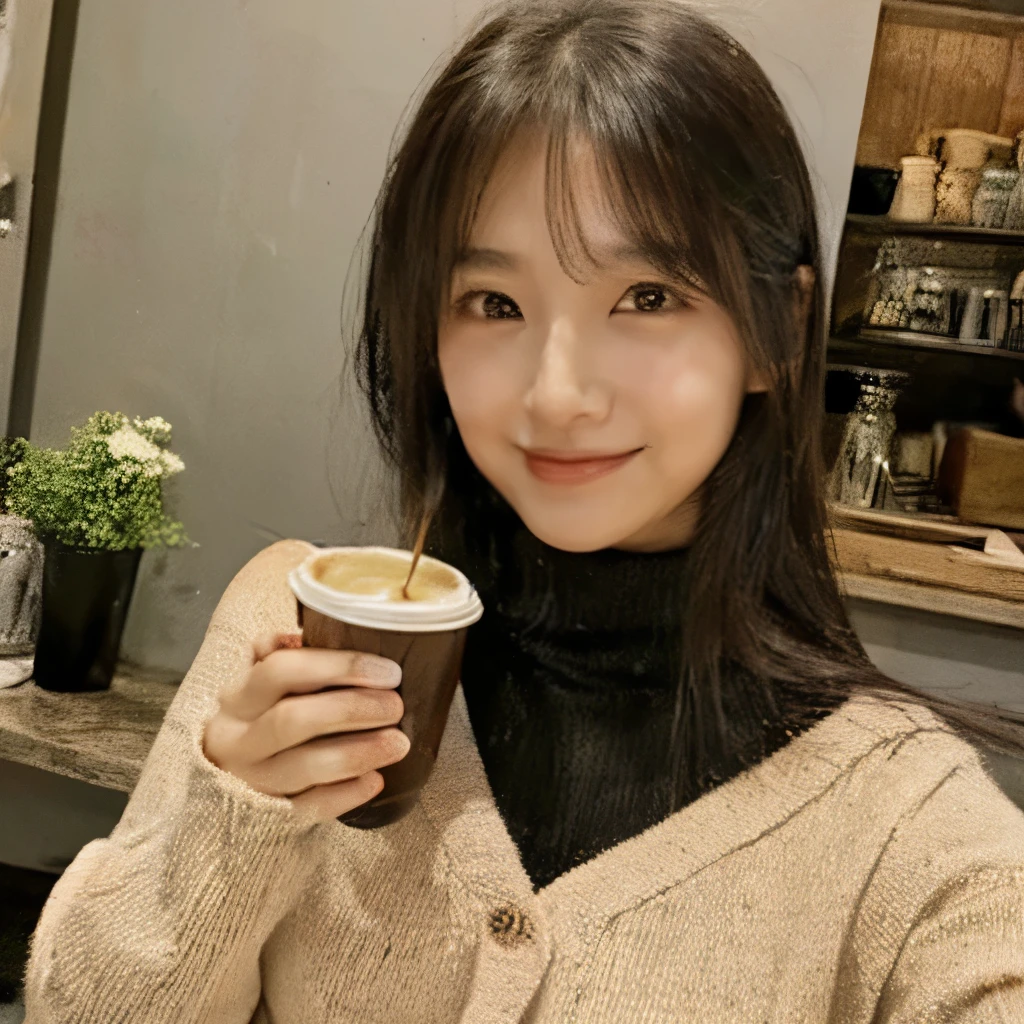 Highest image quality、1 person、cute、perfect face、selfie、(flat chest:1.4)、Cafe、coffee、Amateur sense、selfie、reality、narrow eyes、small eyes、Black long sleeve knit