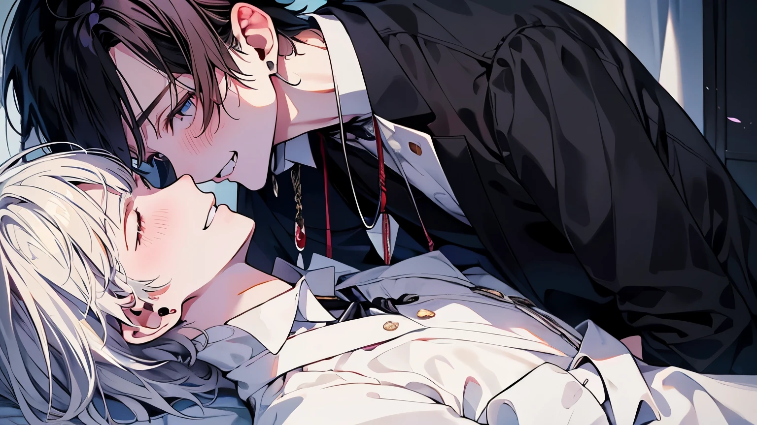 (muste piece), (best quality), very detailed, ((two men intimate)), perfect face, beautiful face, very detailed顔,(black haired man:1.3),(white haired man:1.3),suit,shirt,smile