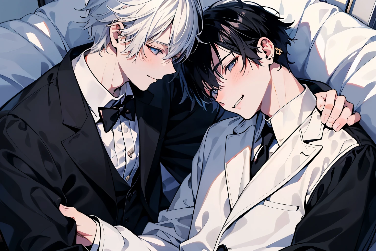 a man，white hair，at the hotel，night，Extreme lighting，Sitting on the sofa drinking，（（Embrace left and right：1.7）），There are people around
