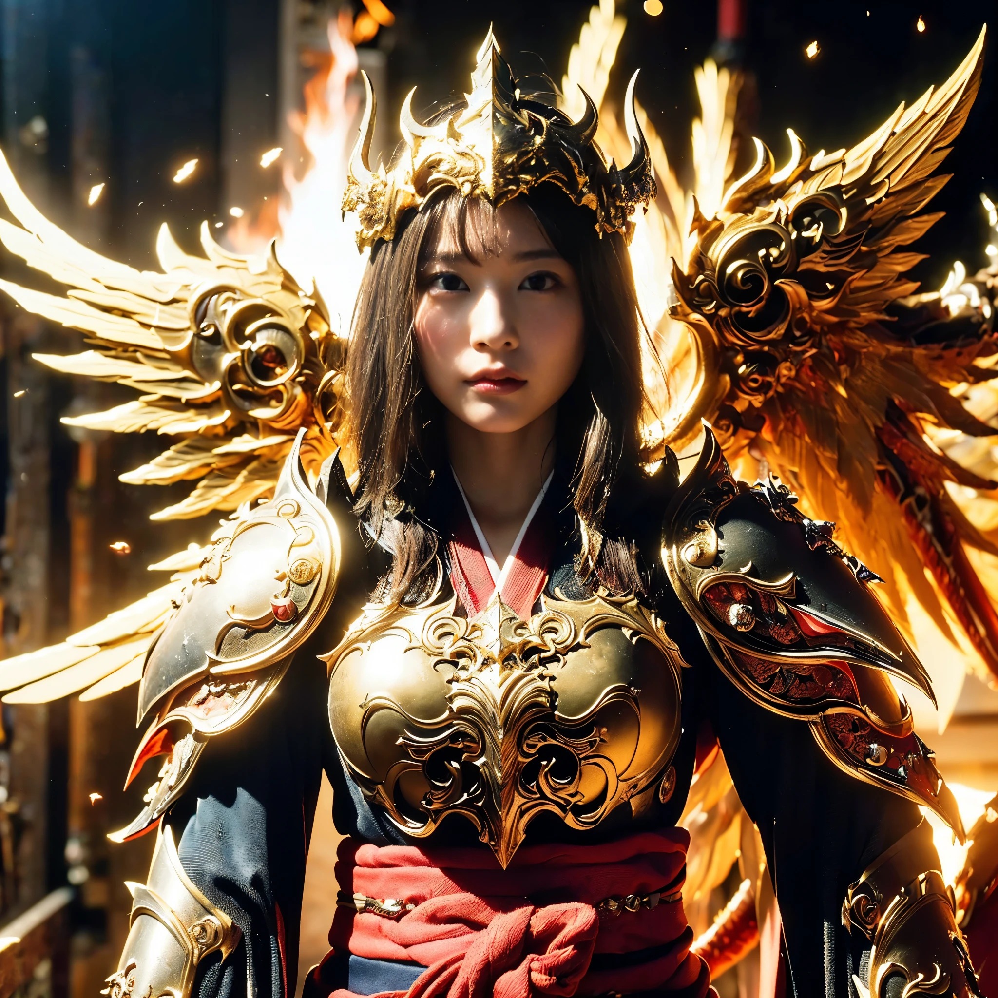 (((Realistic, masterpiece, best quality, crisp detail, high definition, high detail, very rich detail, sharp focus, sharp detail, colorful, perfect studio lightning))), ((20 years old goddess, kasumi arimura, flying, floating)),(((in the middle of war, epic war scene, attack stance))), wearing (((beautiful decorated golden heavy armor, dragon armor, decorated full body armor, fully armored beautiful kimono, wide golden wings))), (flying, swinging katana, blood scattered face, blood tears, blood bath, blood shed), (((fire everywhere, blood everywhere, death everywhere, japan bakumatsu period, dead bodies,carcass,burned japanese castle,hellish,chaos)) traditional village background)