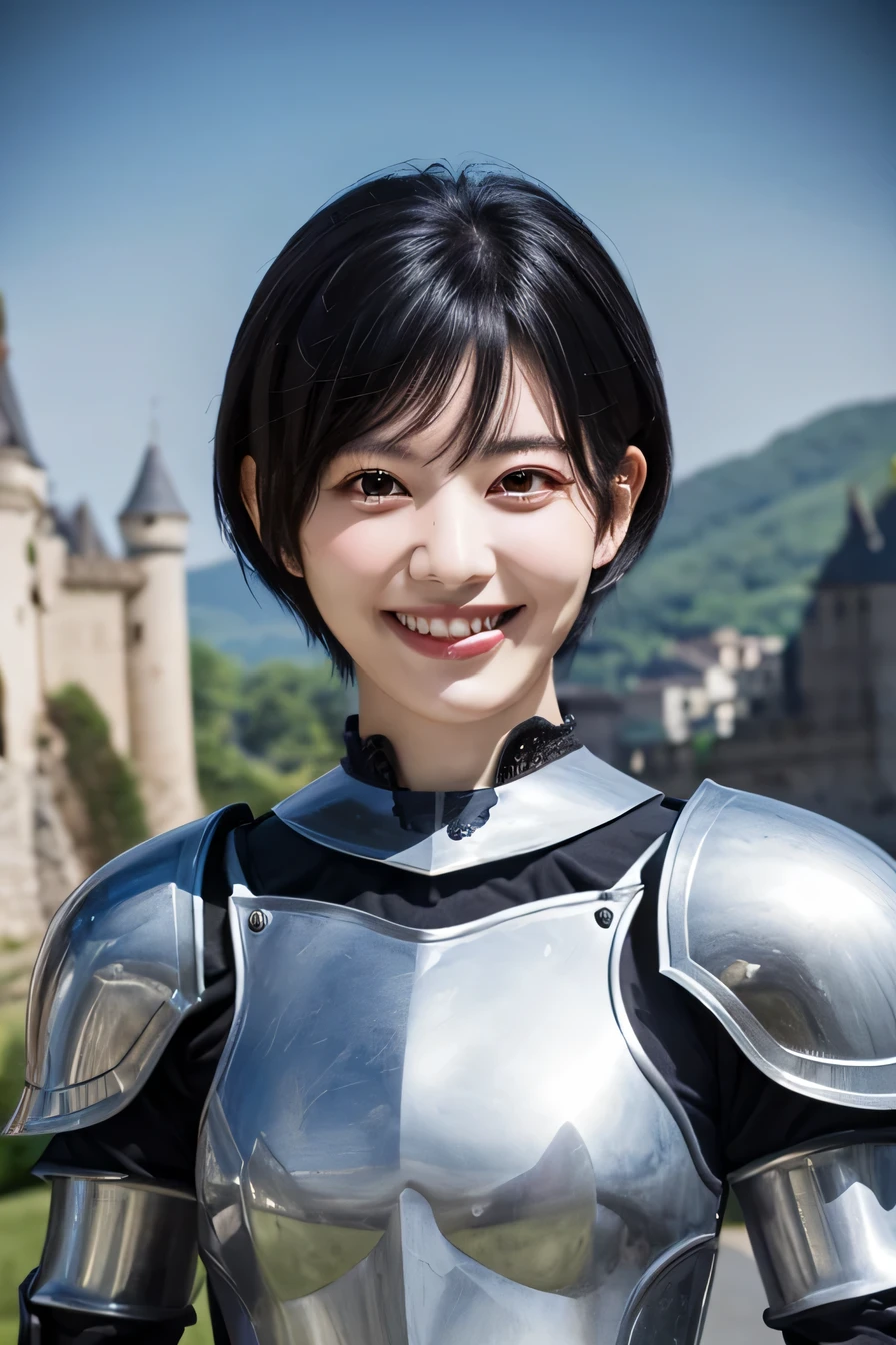 highest quality、4K、The background is a castle、slender body shape、female knight、black hair、smile、beautiful teeth、hairstyle short cut、full body photo、luxurious silver armor、holding a helmet