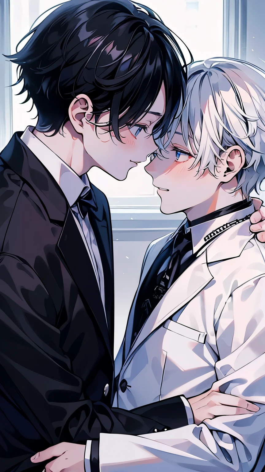 (muste piece), (best quality), very detailed, ((two men intimate)), perfect face, beautiful face, very detailed顔,(black haired man:1.3),(white haired man:1.3),suit,shirt,smile