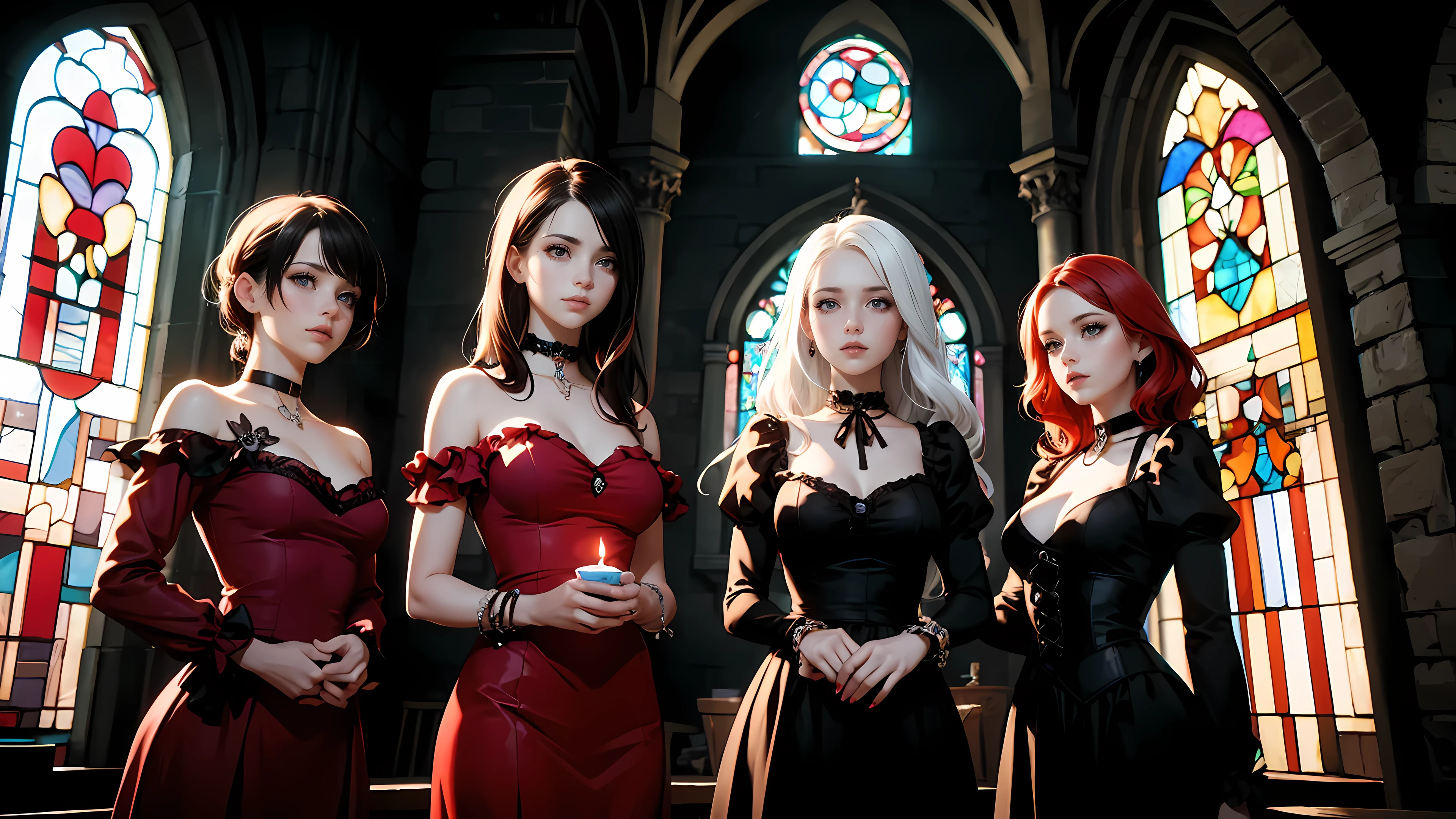 Three beautiful 30 year old women, three witches, detailed beautiful hair, detailed beautiful eyes, small breasts, red hair, black hair, white hair, choker collar, bracelets, red dresses, standing, gothic mansion, Victorian mansion, dungeon, gothic stained glass window, candles, candlelight, dramatic lighting, cinematic lighting,